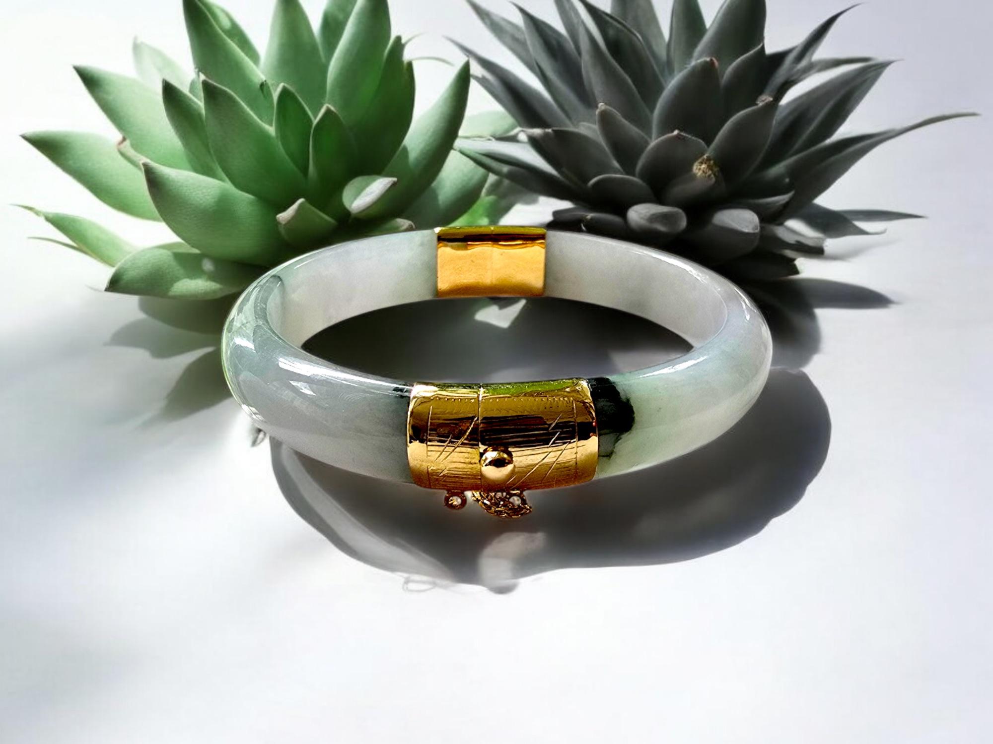 1884 Viceroy's Elliptical Burmese A-Jade Bangle Bracelet (with 14K Yellow Gold) For Sale 2