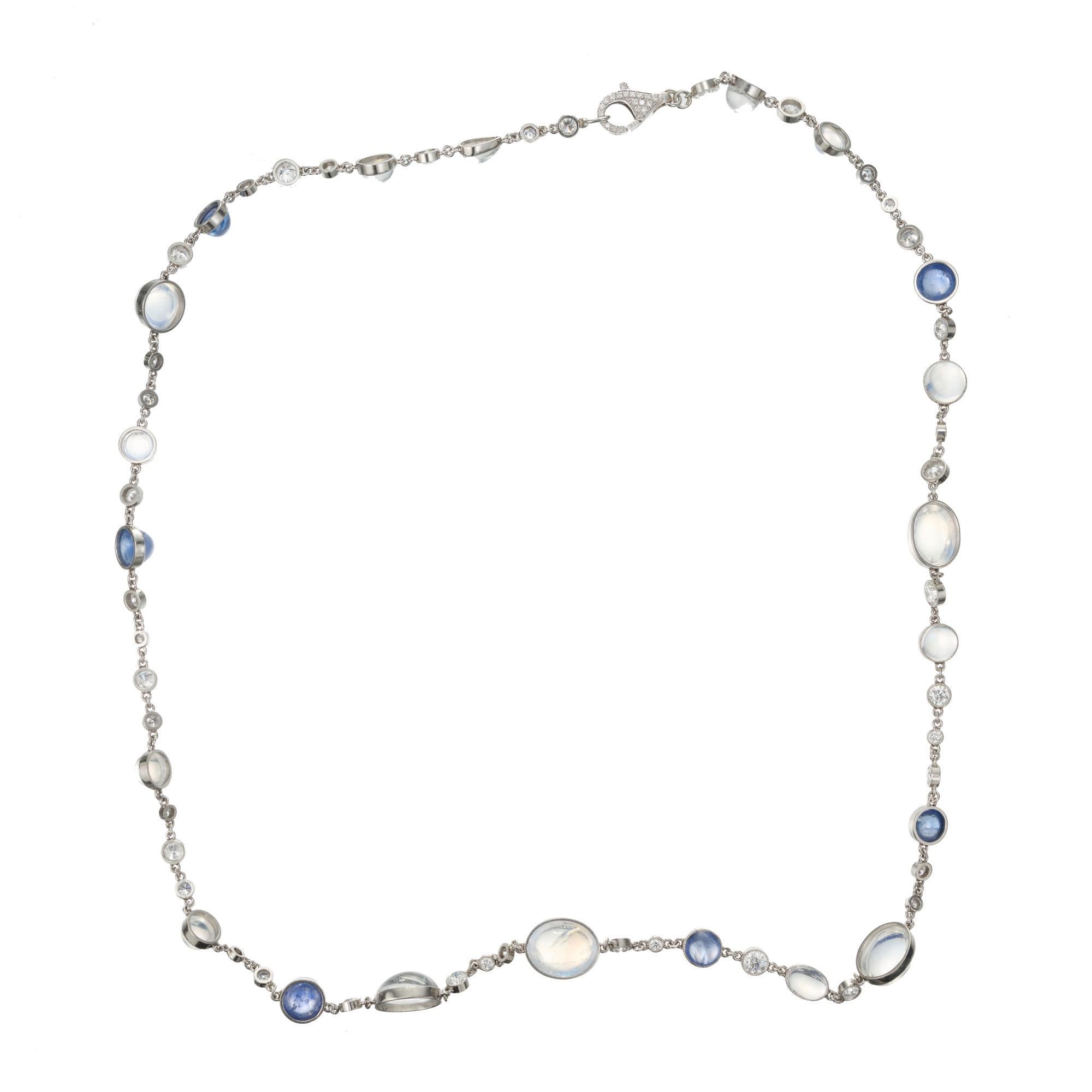 Round Cut 18.85 Carat Moonstone Diamond Sapphire White Gold Necklace For Sale
