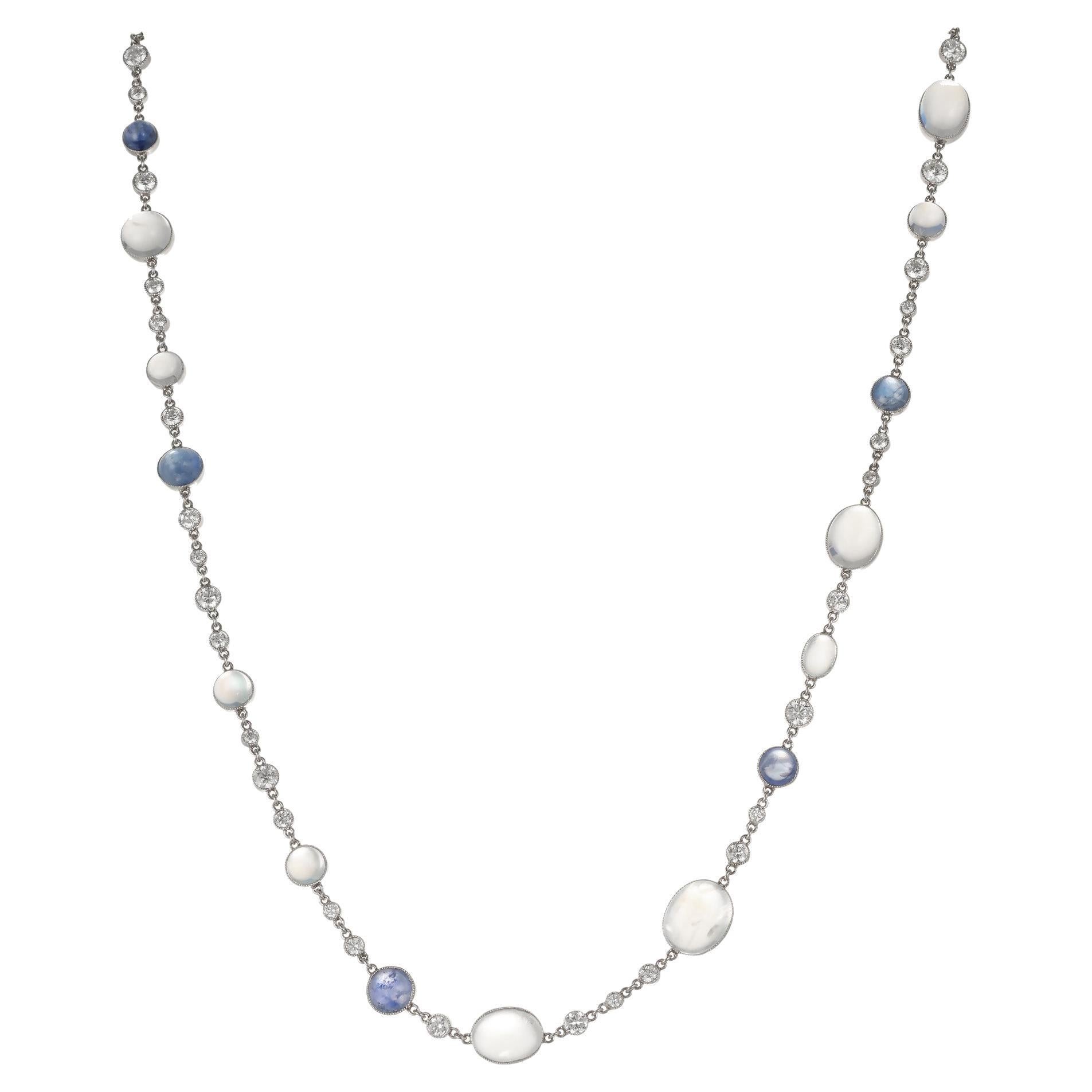 18.85 Carat Moonstone Diamond Sapphire White Gold Necklace For Sale