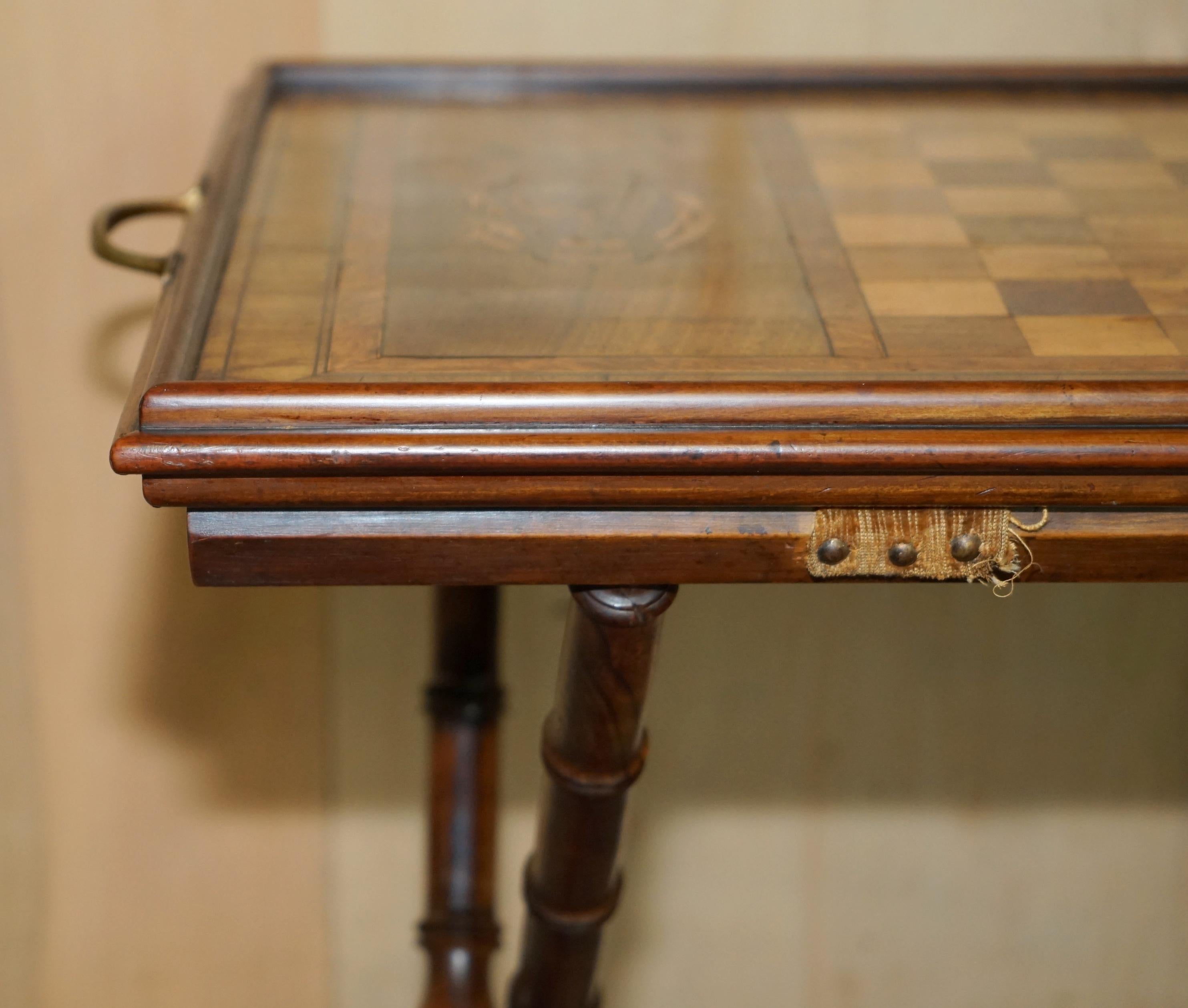 English 1885 DATED ANTiQUE WALNUT HARDWOOD CHESSBOARD FOLDING GAMES CHESS TRAY TABLE For Sale
