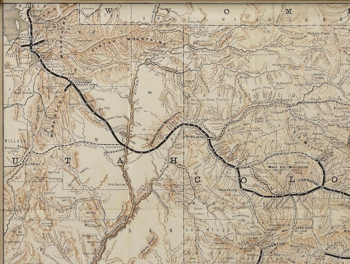 This map details the Denver & Rio Grande Railroad and was published in 1885. The map extends as far west to include Grand Junction, Green River, and Salt Lake City. The map is one that was published in several iterations throughout the late 19th