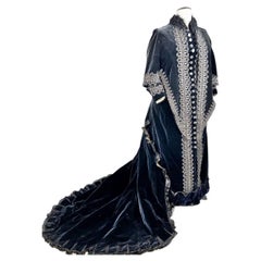 1885 Midnight Blue Velvet Reception Gown with Embroidery Details