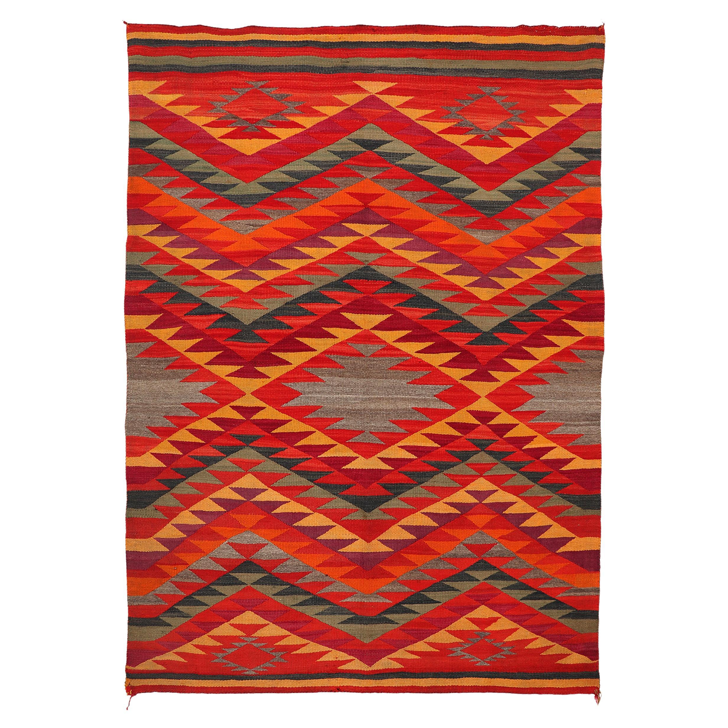 1885 Navajo Weaving in Jewel Tones, Red, Yellow, Orange, and Brown