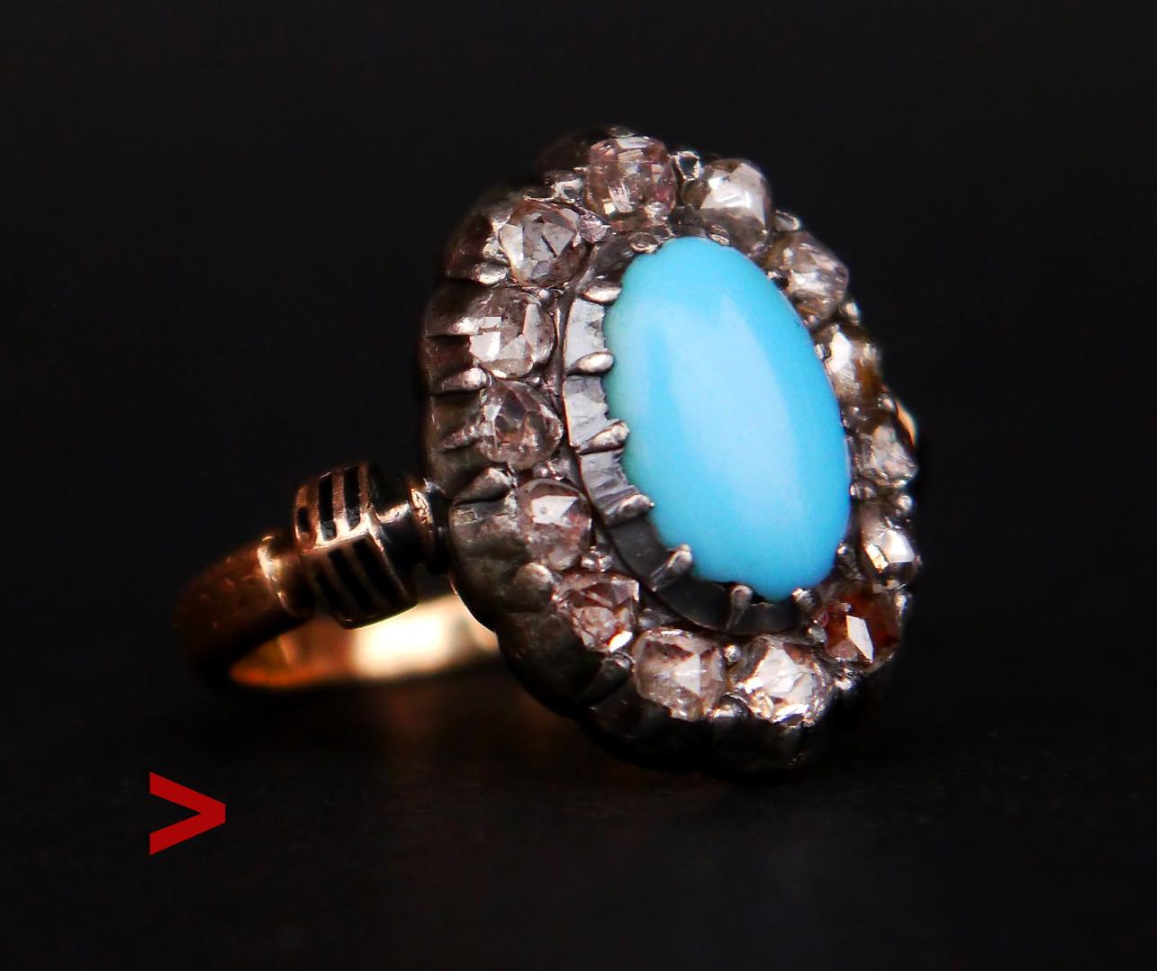 Beautiful Halo Ring from XIX century in period Leather and Silk box.
Band in solid 18K Yellow Gold with ornaments and Black enameled panels. The Crown has Silver clusters fused with Gold on the bottom. The crown is 17 mm x 8 mm x 5 mm deep with