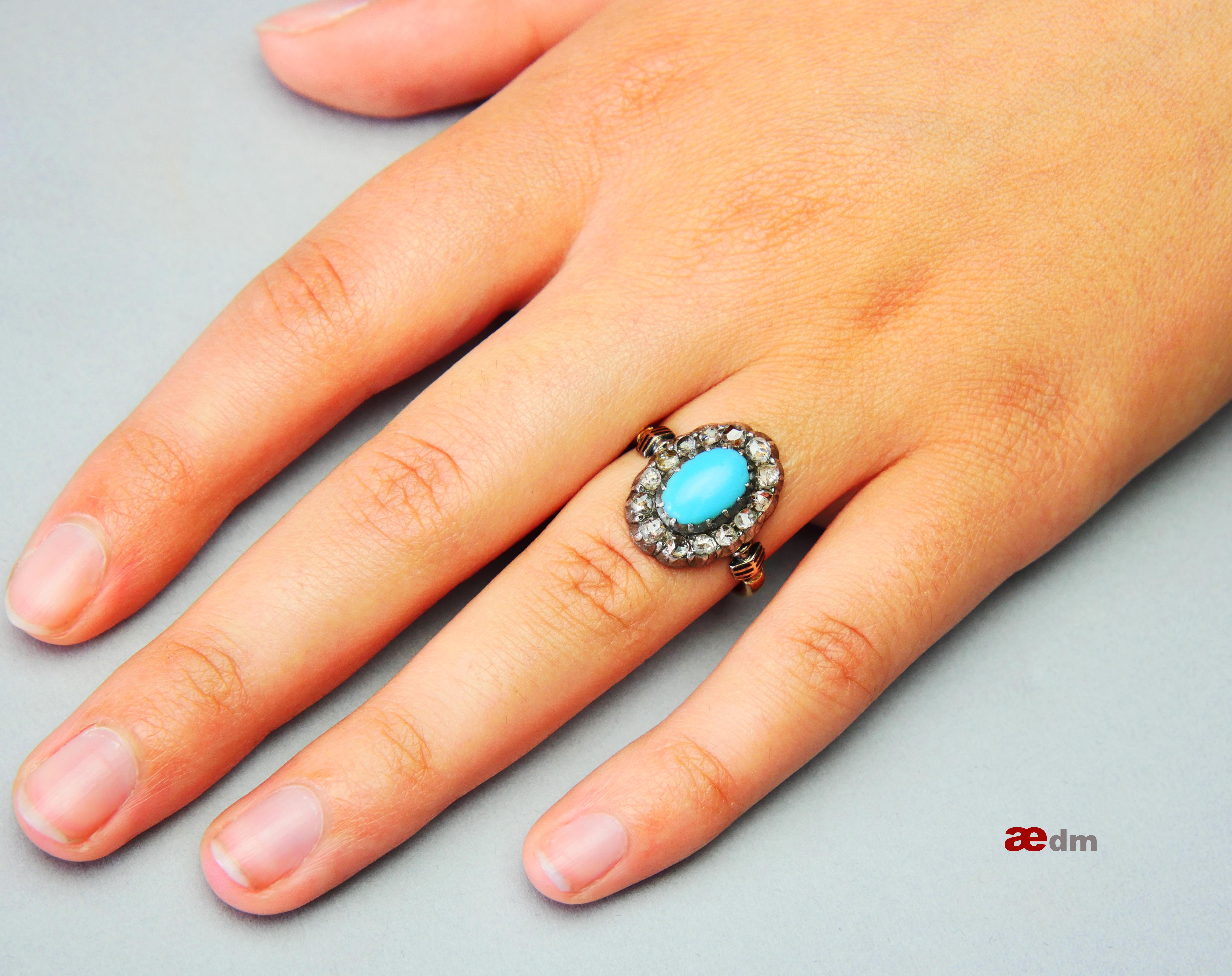 Art Nouveau 1885 Nordic Halo Ring 2.5ct Turquoise 1.5 ct Diamonds 18K Gold Silver Ø8US /5gr For Sale