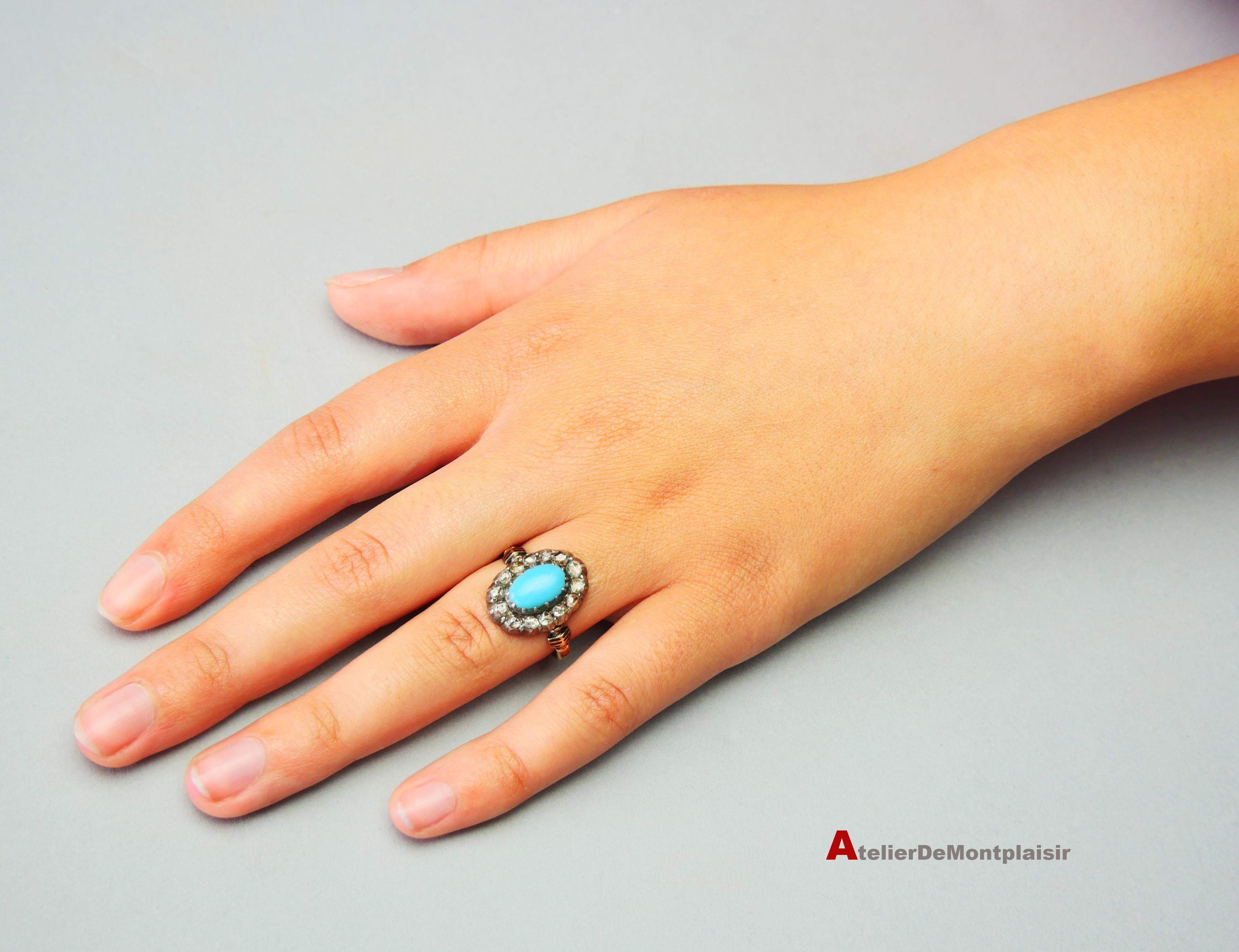 Cabochon 1885 Nordic Halo Ring 2.5ct Turquoise 1.5 ct Diamonds 18K Gold Silver Ø8US /5gr For Sale