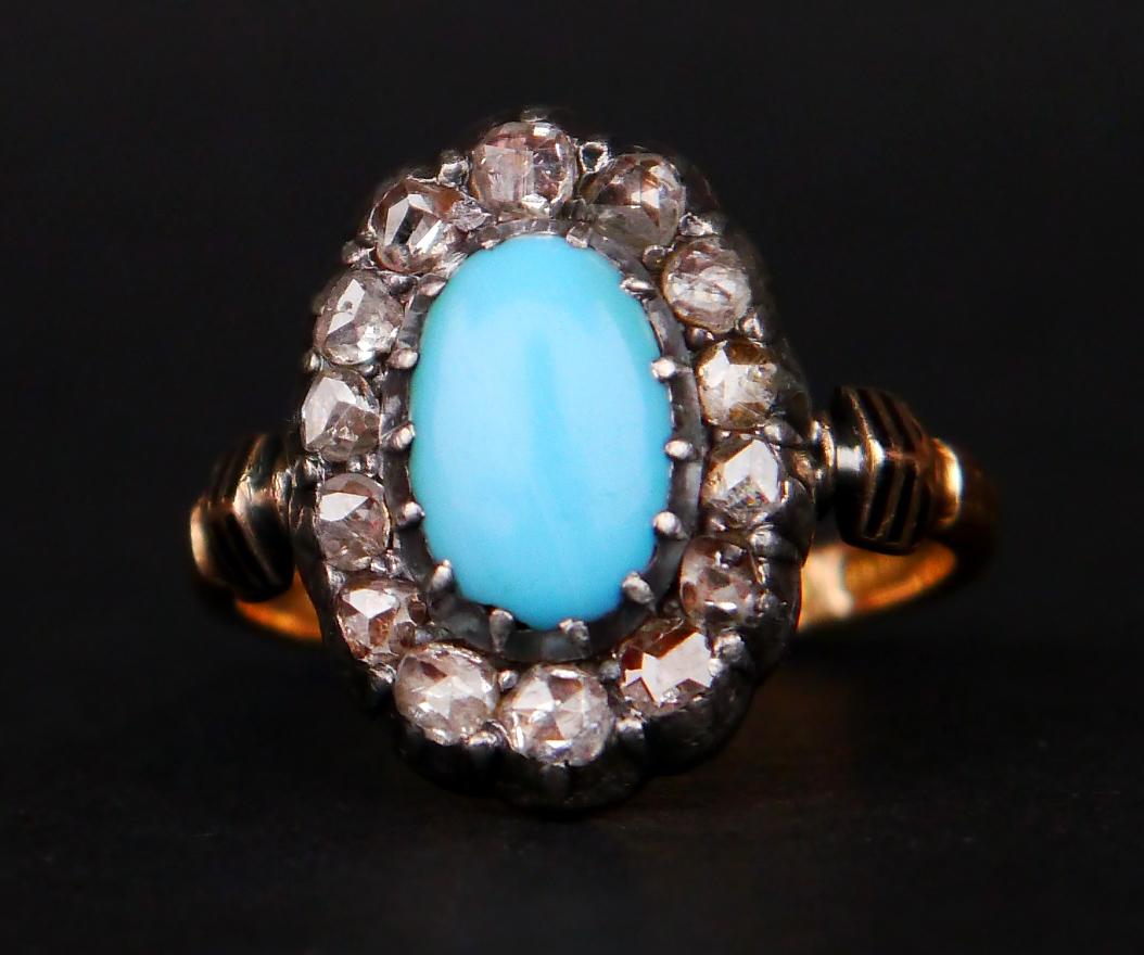 Women's 1885 Nordic Halo Ring 2.5ct Turquoise 1.5 ct Diamonds 18K Gold Silver Ø8US /5gr For Sale