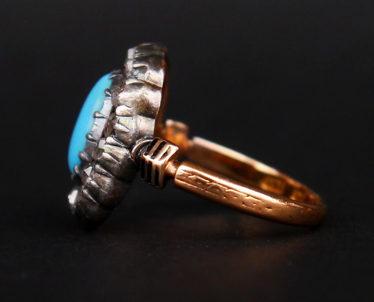 1885 Nordic Halo Ring 2.5ct Turquoise 1.5 ct Diamonds 18K Gold Silver Ø8US /5gr For Sale 1