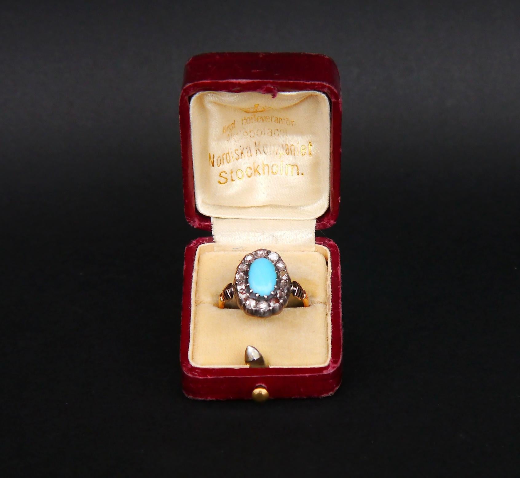 1885 Nordic Halo Ring 2.5ct Turquoise 1.5 ct Diamonds 18K Gold Silver Ø8US /5gr For Sale 2