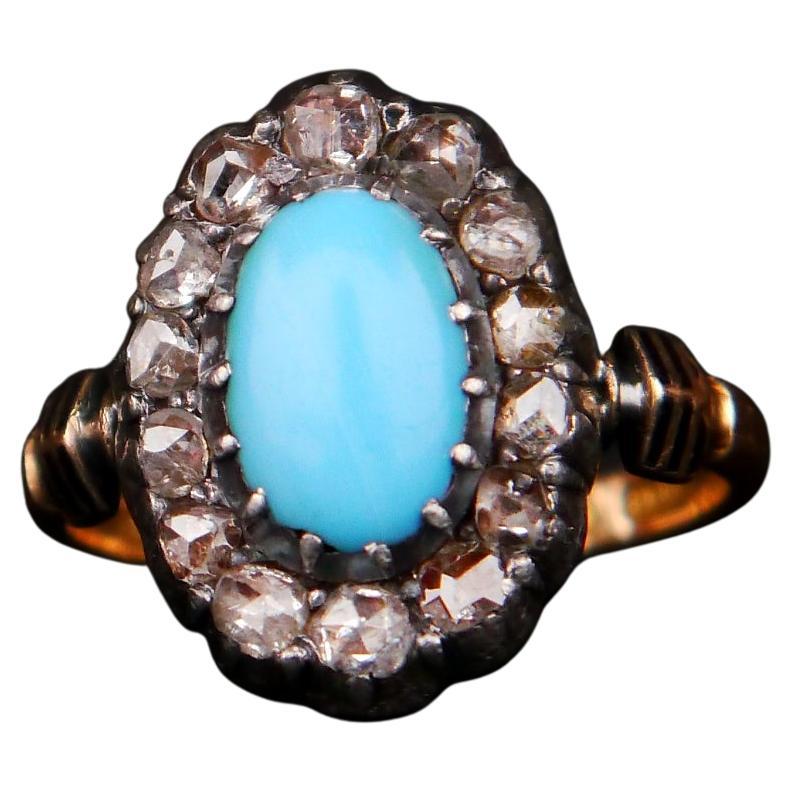 1885 Nordic Halo Ring 2.5ct Turquoise 1.5 ct Diamonds 18K Gold Silver Ø8US /5gr