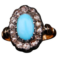 Antique 1885 Nordic Halo Ring 2.5ct Turquoise 1.5 ct Diamonds 18K Gold Silver Ø8US /5gr