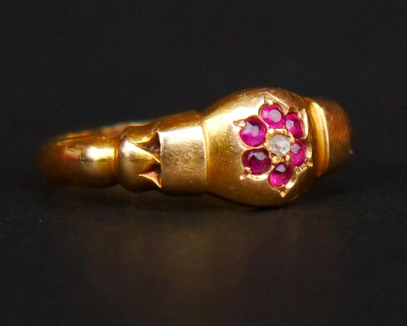 1886 Antique British Ring Ruby  Diamonds solid 18K Gold Ø US 5.75 /2.7gr For Sale 6