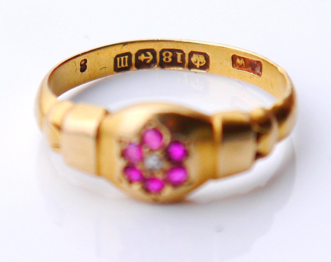 1886 Antique British Ring Ruby  Diamonds solid 18K Gold Ø US 5.75 /2.7gr For Sale 8