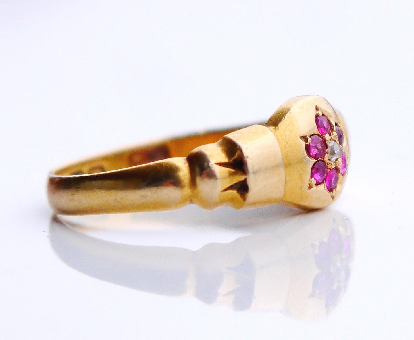 Arts and Crafts 1886 Antique British Ring Ruby  Diamonds solid 18K Gold Ø US 5.75 /2.7gr For Sale