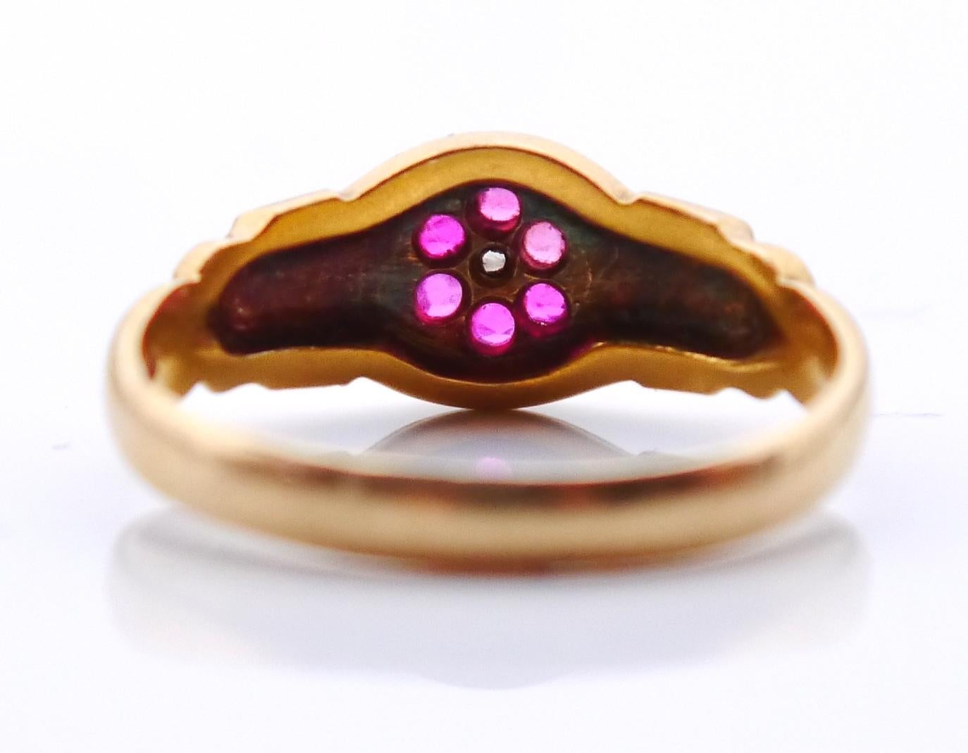 Rose Cut 1886 Antique British Ring Ruby  Diamonds solid 18K Gold Ø US 5.75 /2.7gr For Sale