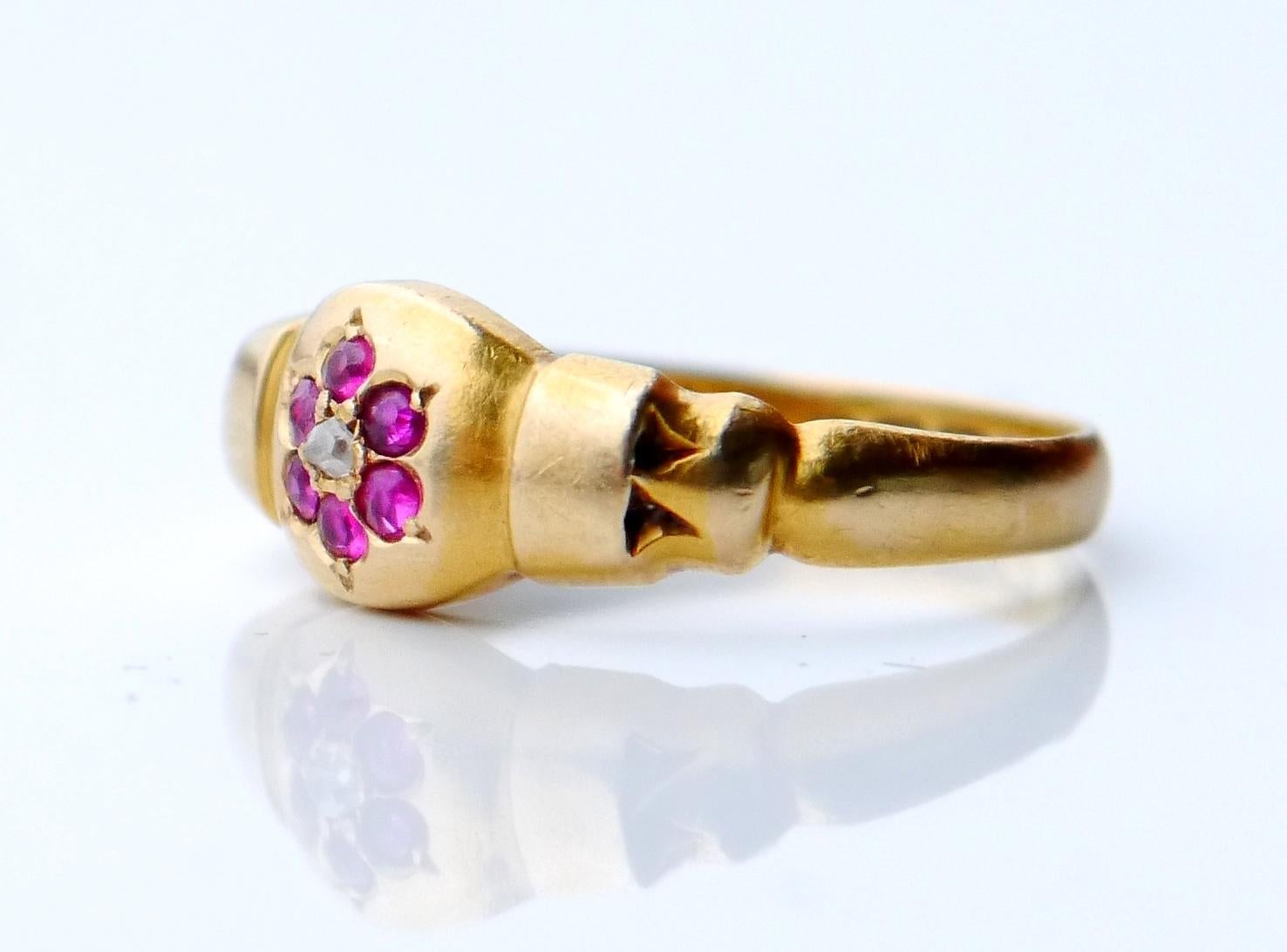Women's 1886 Antique British Ring Ruby  Diamonds solid 18K Gold Ø US 5.75 /2.7gr For Sale