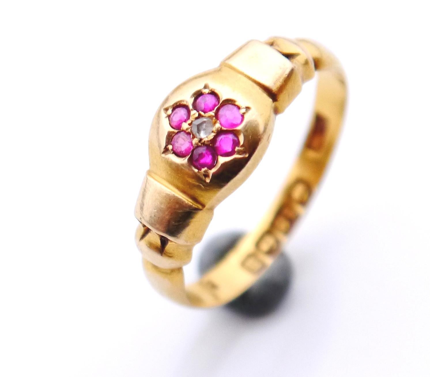 1886 Antique British Ring Ruby  Diamonds solid 18K Gold Ø US 5.75 /2.7gr For Sale 2