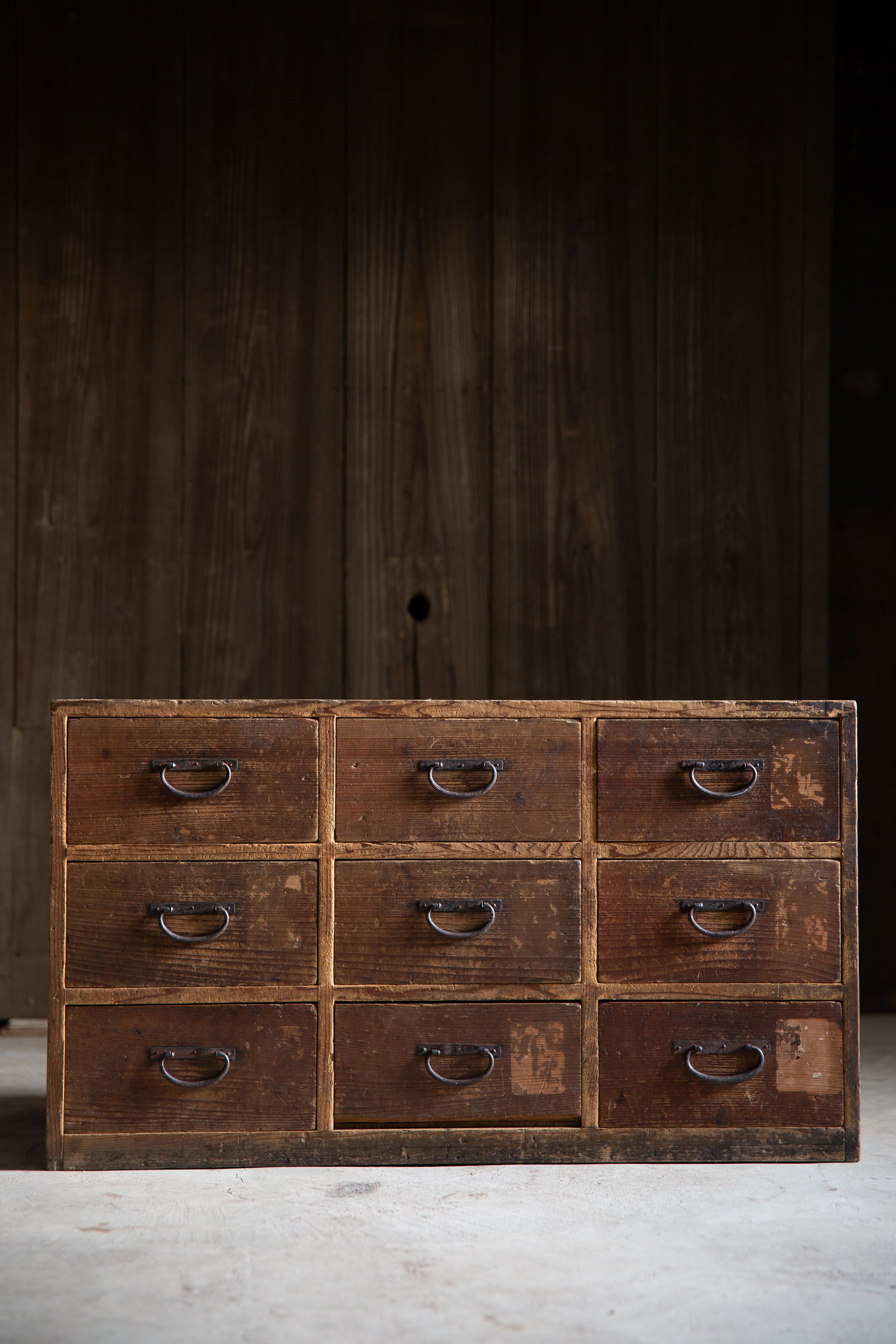 Lacquered 1886 (Meiji 19) Japanese antique dougu tansu, tool chest of drawers wabi sabi For Sale