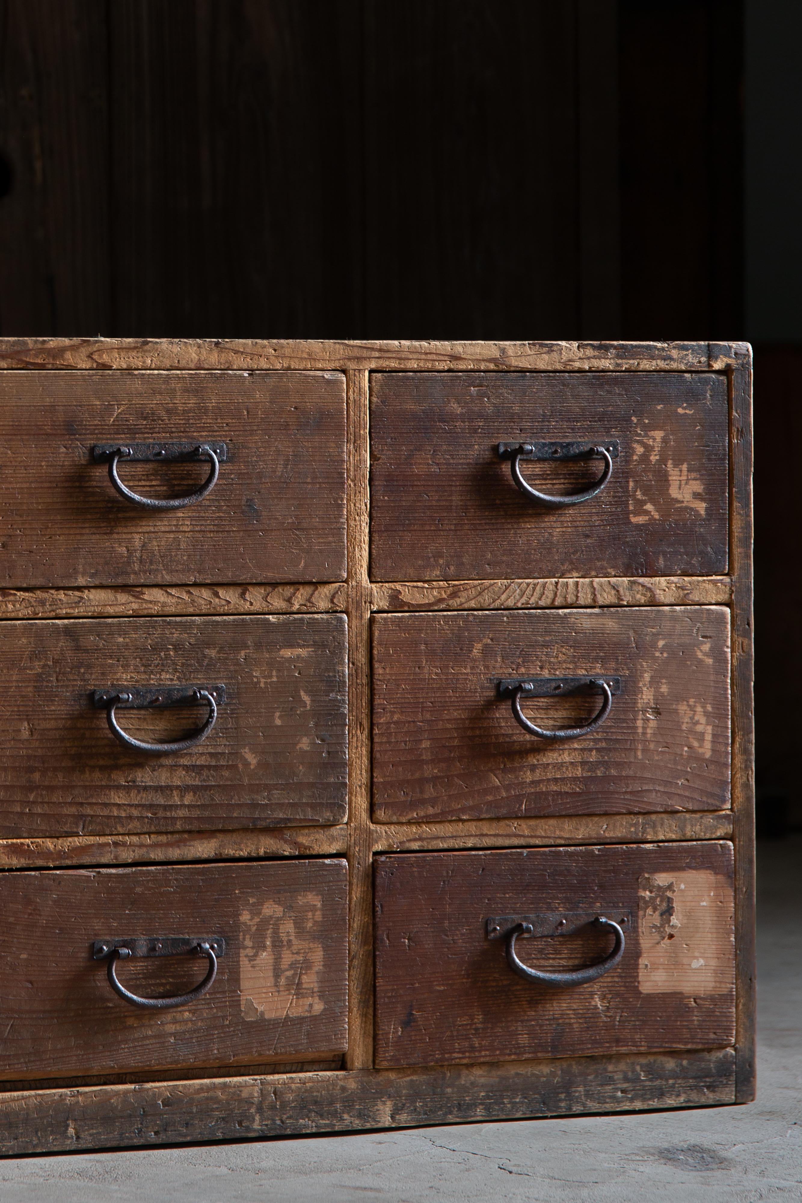 Wood 1886 (Meiji 19) Japanese antique dougu tansu, tool chest of drawers wabi sabi For Sale