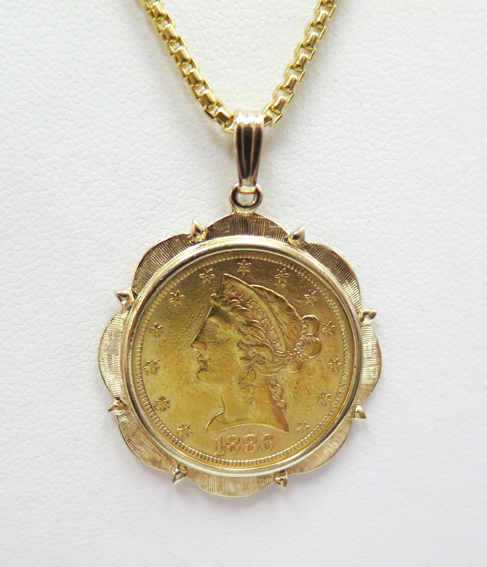 Remarkable beauty and high gold content have made the Gold Liberty Head $5 Gold Piece a long-lasting favorite among collectors. The 1886 S coins' beauty is enhanced in this 14 karat scallop edged bezel. Add to that a 20