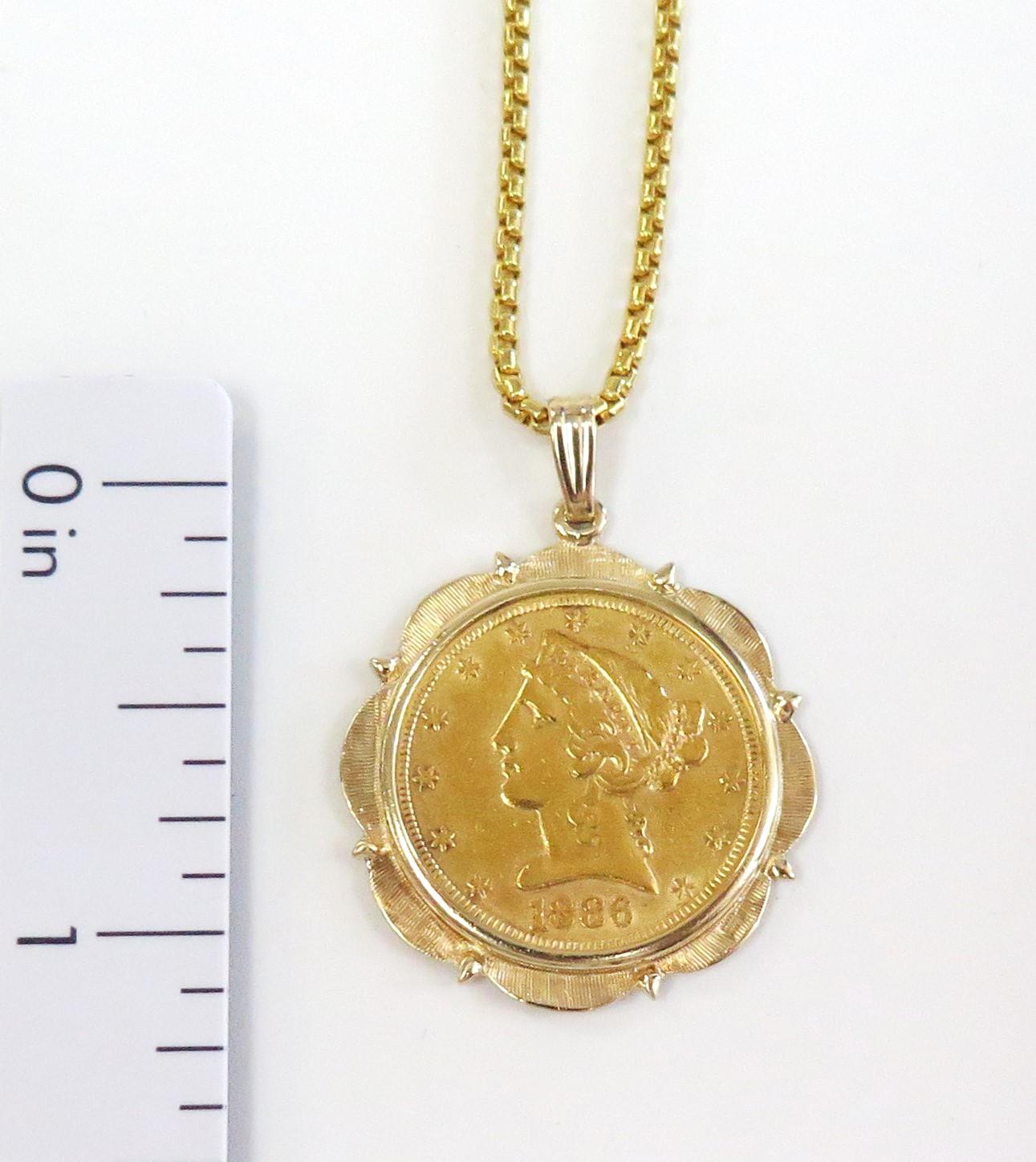 Victorian 1886 S $5 Gold Liberty Head Coin in 14 Karat Bezel and Chain For Sale