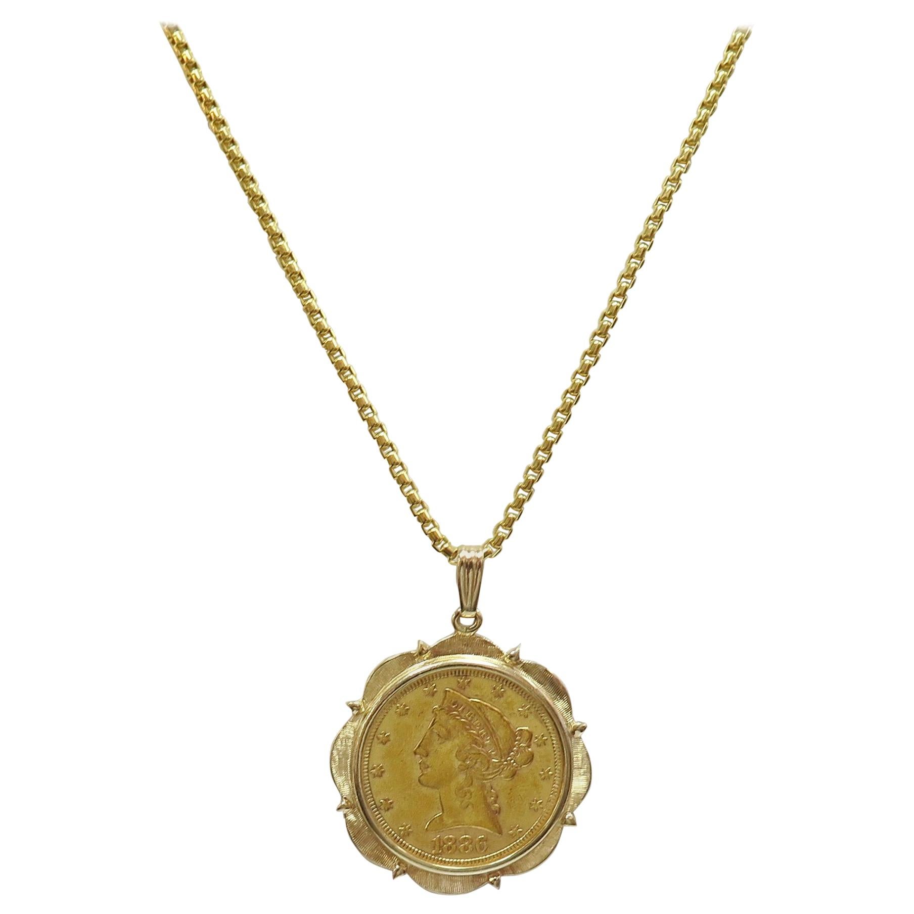 1886 S $5 Gold Liberty Head Coin in 14 Karat Bezel and Chain For Sale
