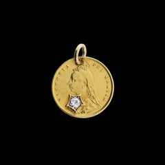 1887 22 Karat Gold Half Sovereign UK Coin Ladies Pendant 0.20ct Mine Cut Diamond