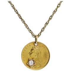 Antique 1887 22 Karat Gold Half Sovereign UK Coin Ladies Pendant 0.20ct Mine Cut Diamond