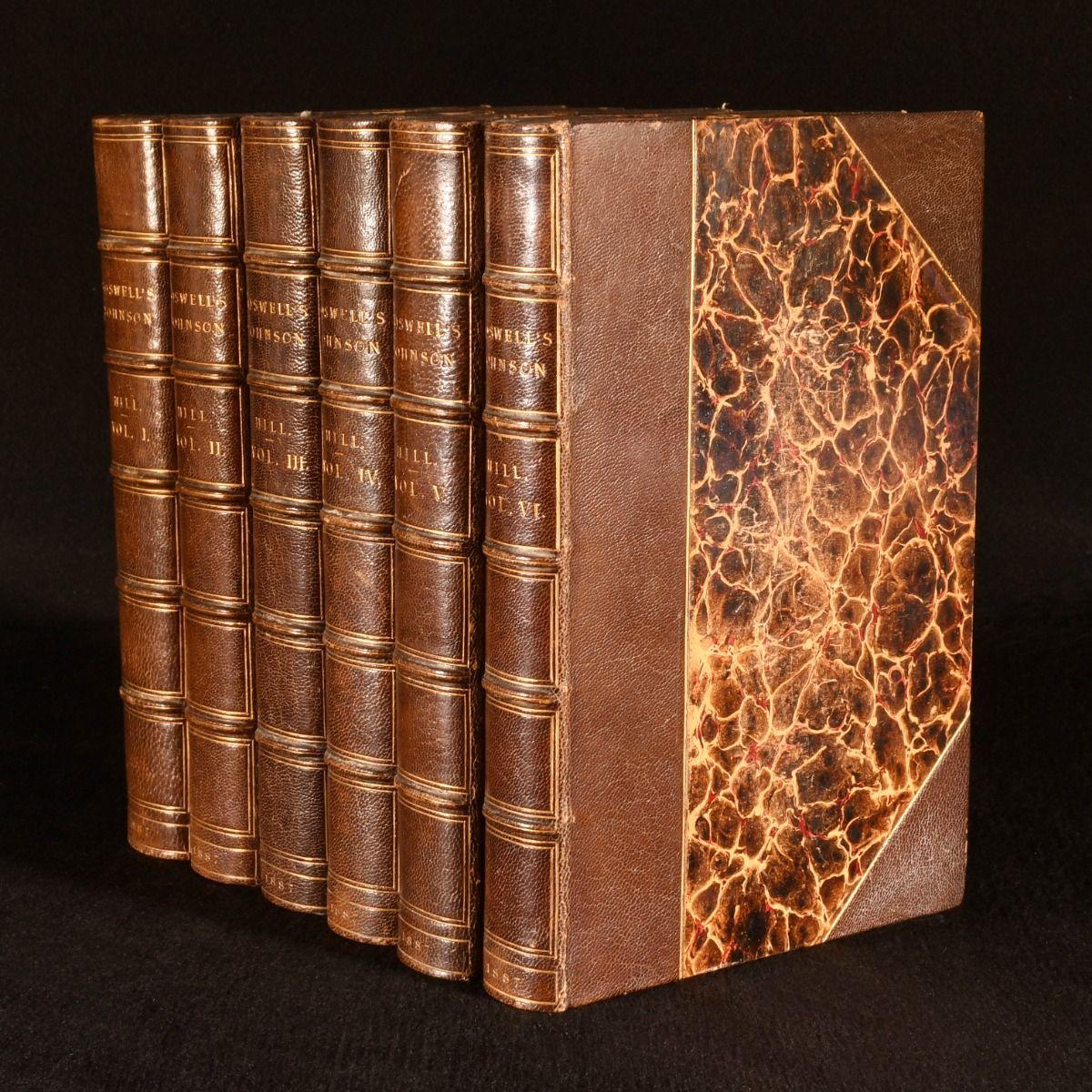 La biographie complète en six volumes de Samuel Johnson par James Boswell, magnifiquement reliée en demi-veau et illustrée tout au long de l'ouvrage. Première édition de cet ouvrage sous la direction de George Hille.

Dans de belles reliures en