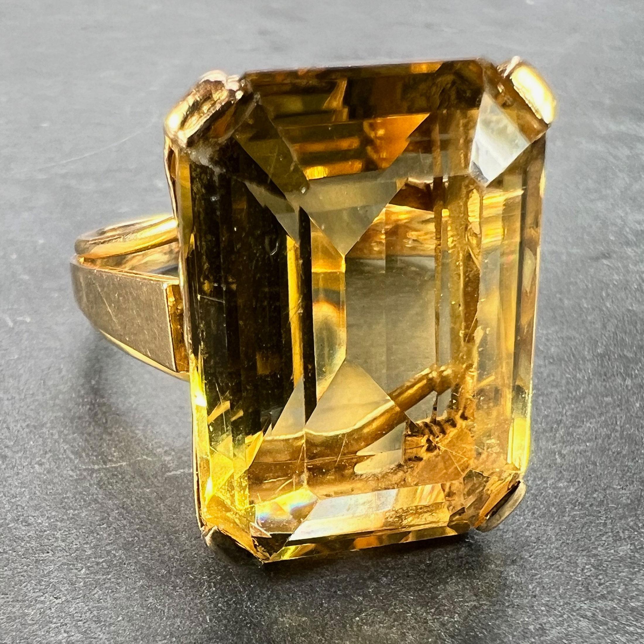 Emerald Cut 18.87 Carat Citrine 18 Karat Yellow Gold Retro Cocktail Ring For Sale