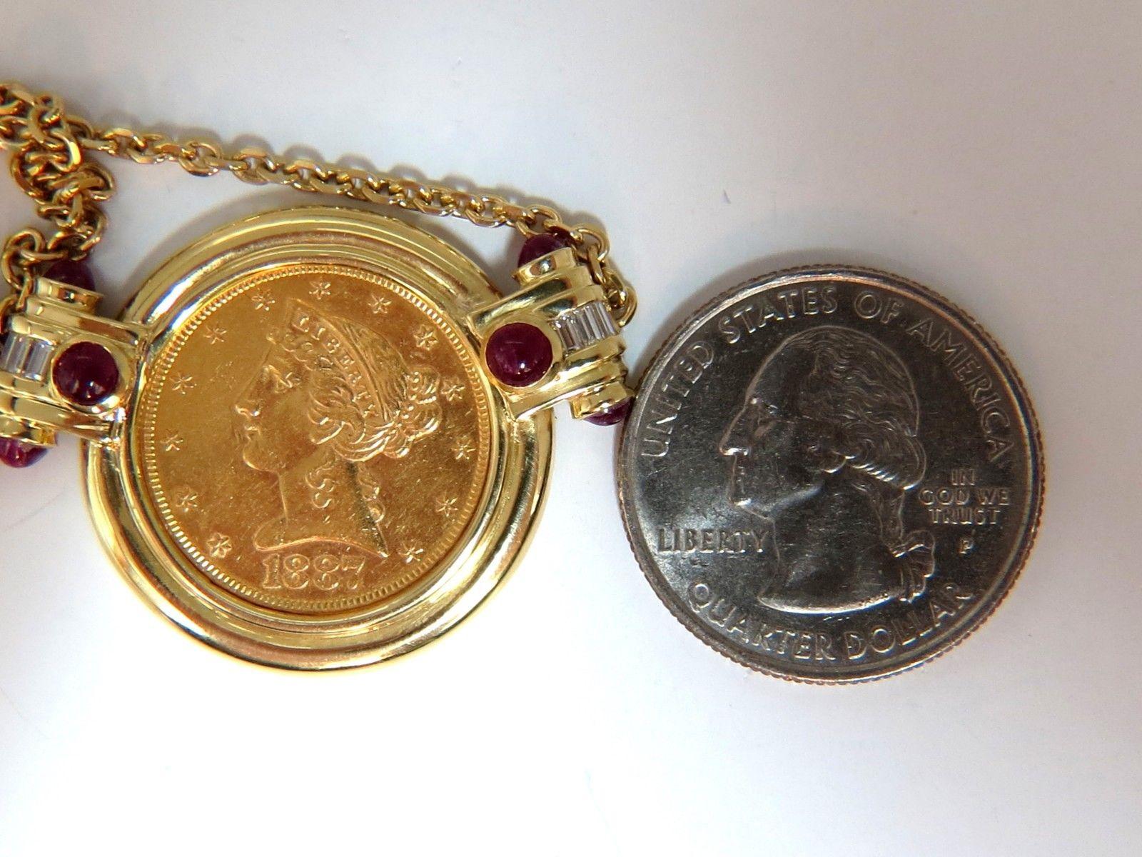 Baguette Cut 1887 Liberty $5 Coin Necklace Ruby Diamonds 18 Karat