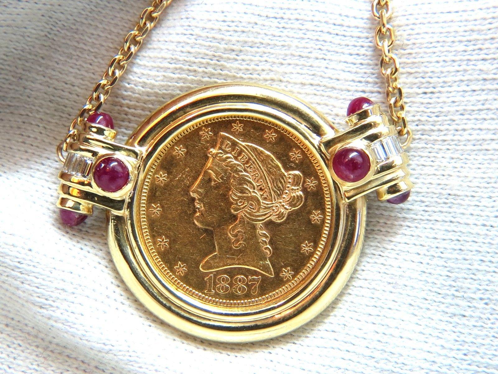 1887 Liberty $5 Coin Necklace Ruby Diamonds 18 Karat In New Condition In New York, NY