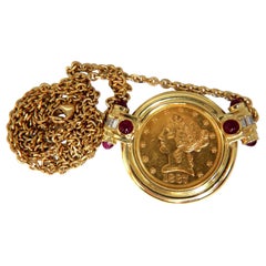 1887 Liberty $5 Coin Necklace Ruby Diamonds 18 Karat