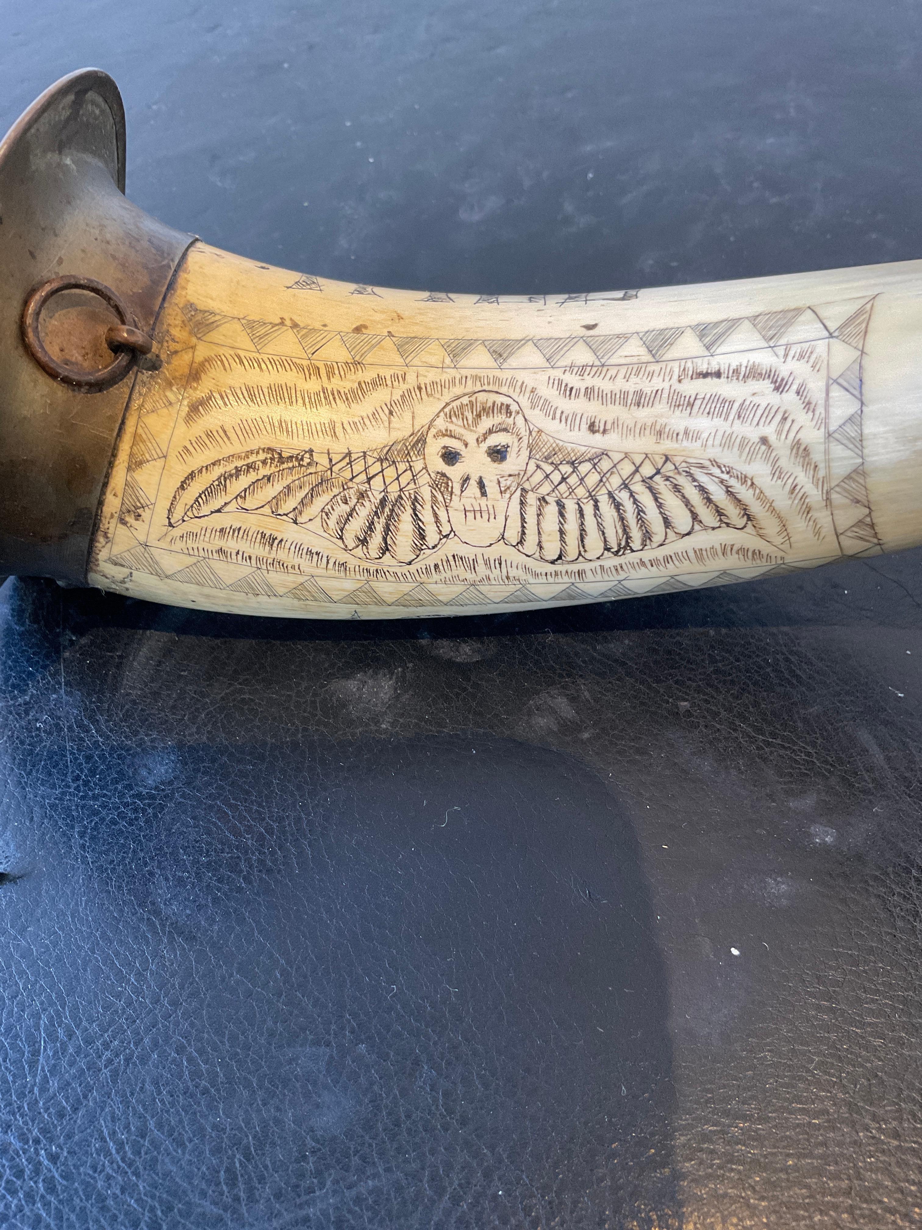 Brass 1887 Powder Horn with Scrimshaw