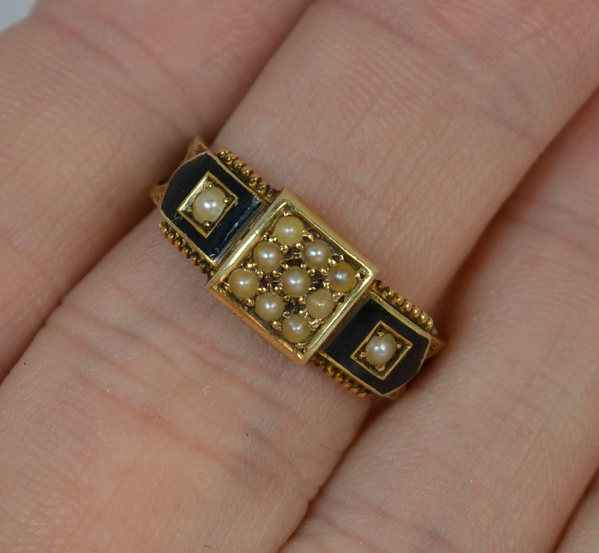 1887 Victorian 15 Carat Gold Enamel Pearl and Braided Hair Mourning Ring 5