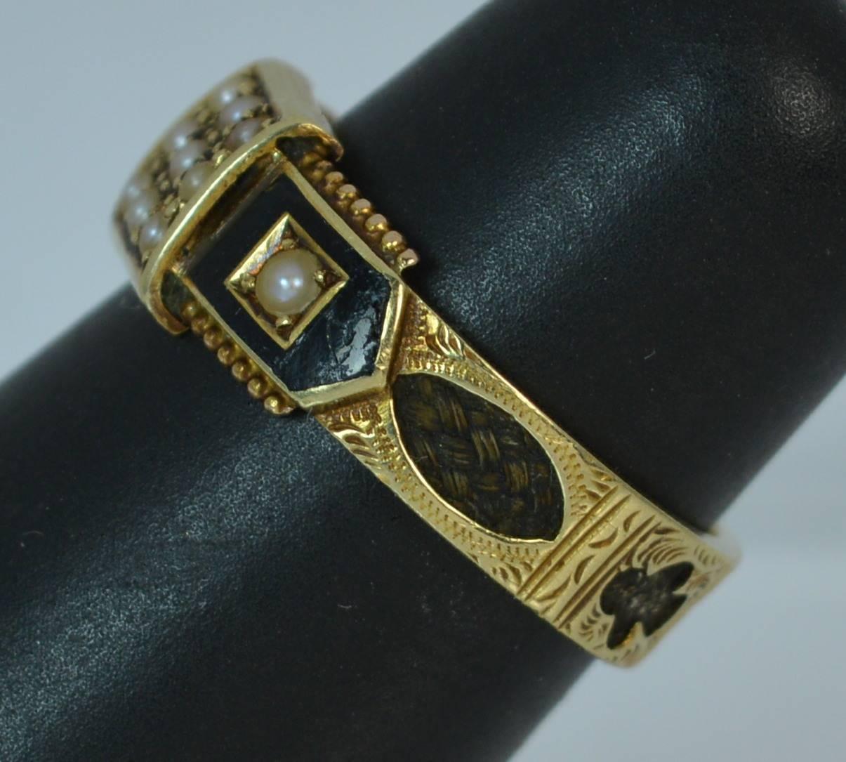 1887 Victorian 15 Carat Gold Enamel Pearl and Braided Hair Mourning Ring 6