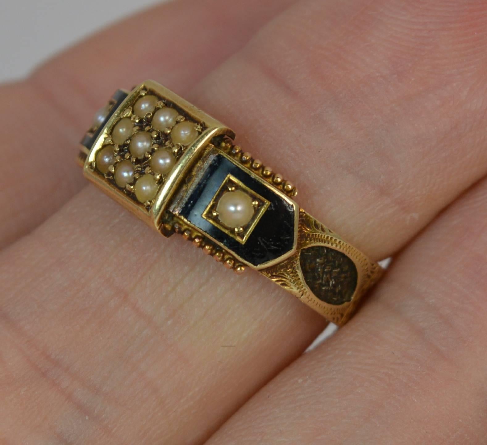 1887 Victorian 15 Carat Gold Enamel Pearl and Braided Hair Mourning Ring 1
