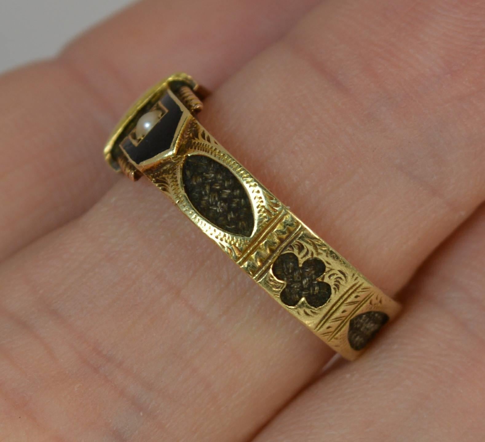 1887 Victorian 15 Carat Gold Enamel Pearl and Braided Hair Mourning Ring 2