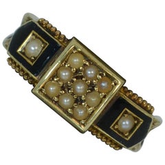 1887 Victorian 15 Carat Gold Enamel Pearl and Braided Hair Mourning Ring