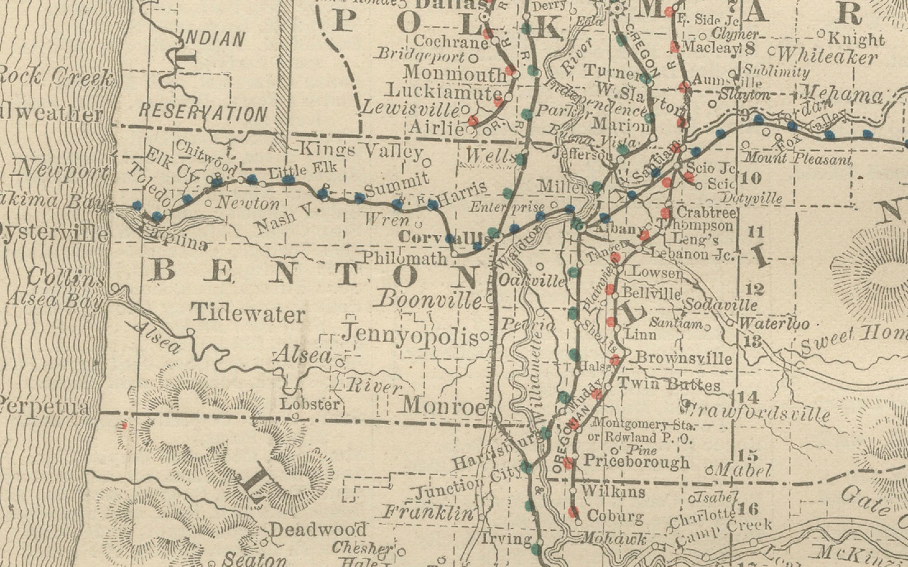Engraved 1888 Antique Map of Oregon – Railroads, Counties & Native Indian Reservations For Sale