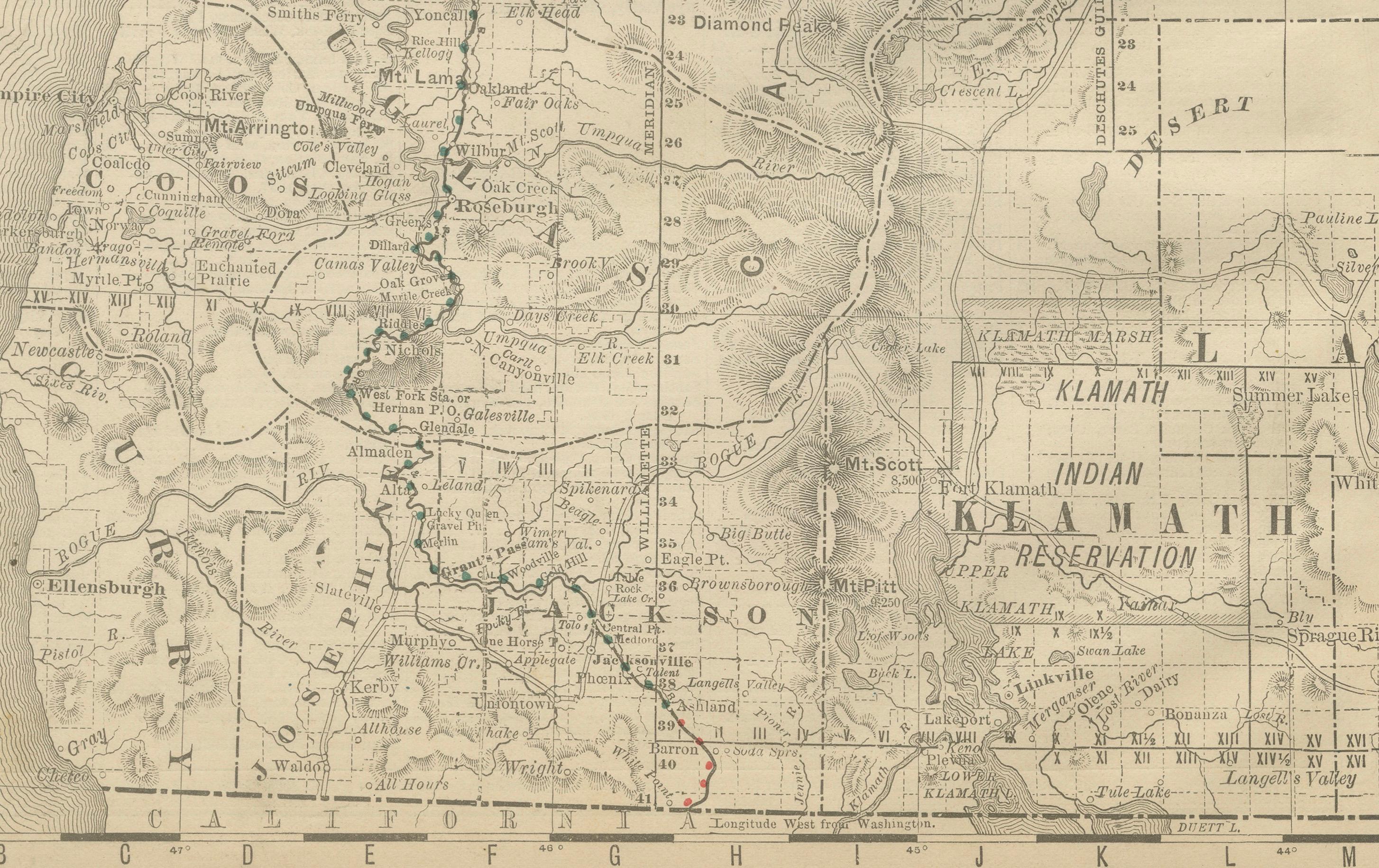 1888 Antique Map of Oregon – Railroads, Counties & Native Indian Reservations In Good Condition For Sale In Langweer, NL