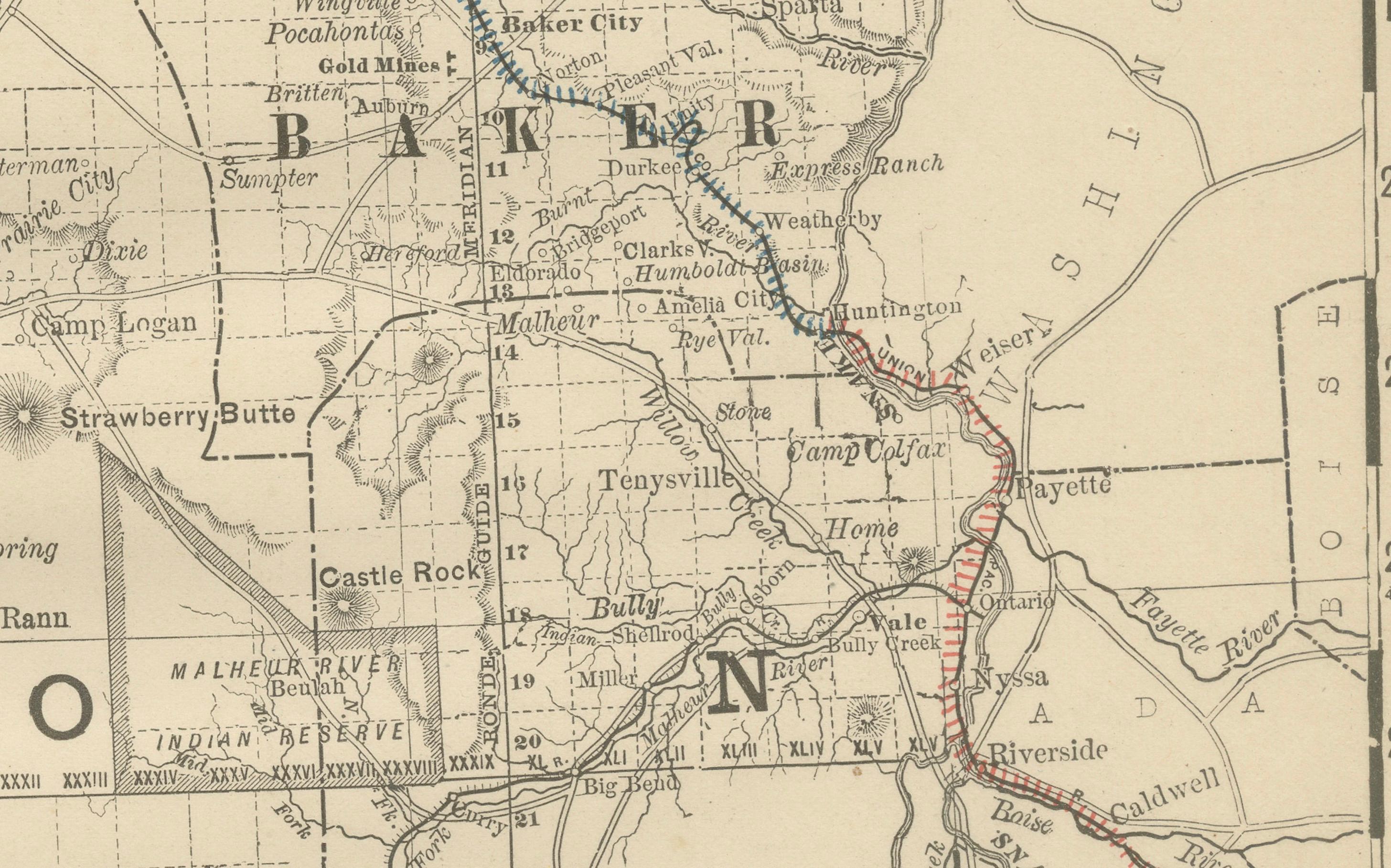 Paper 1888 Antique Map of Oregon – Railroads, Counties & Native Indian Reservations For Sale