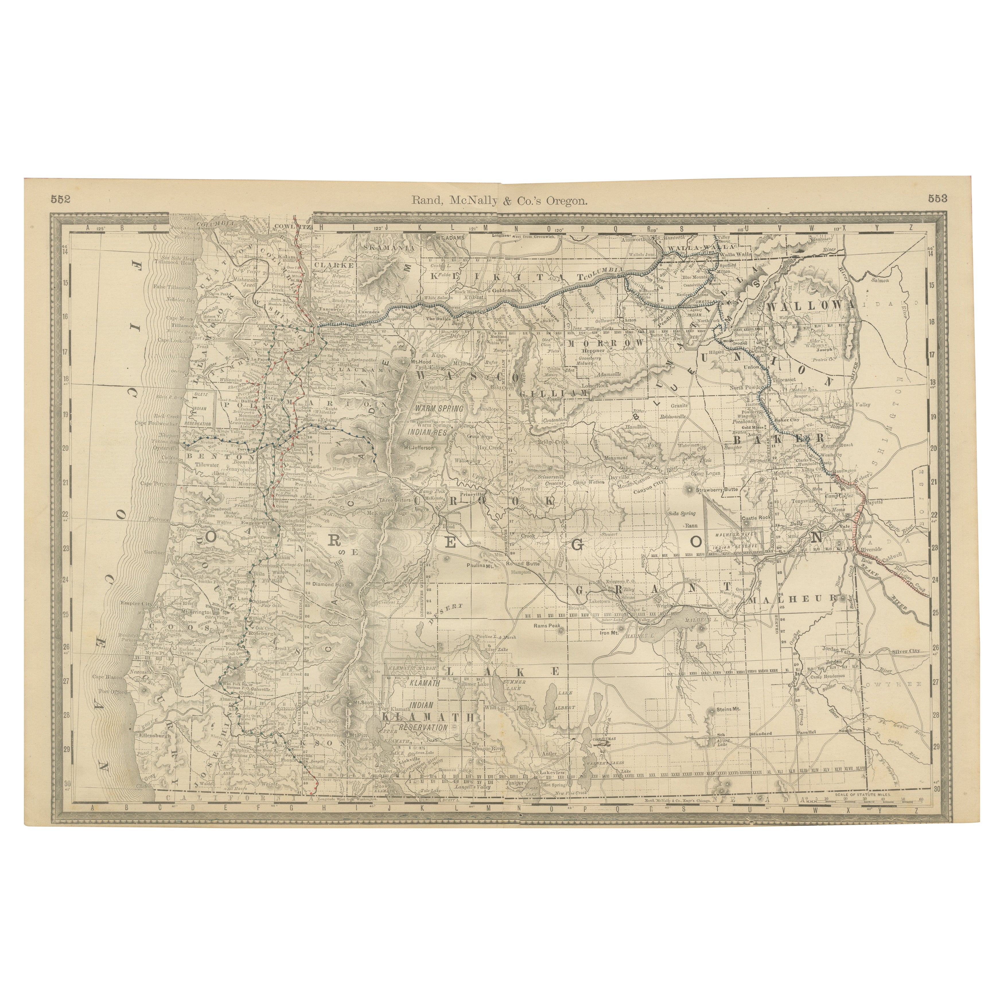 1888 Antique Map of Oregon ��– Railroads, Counties & Native Indian Reservations For Sale