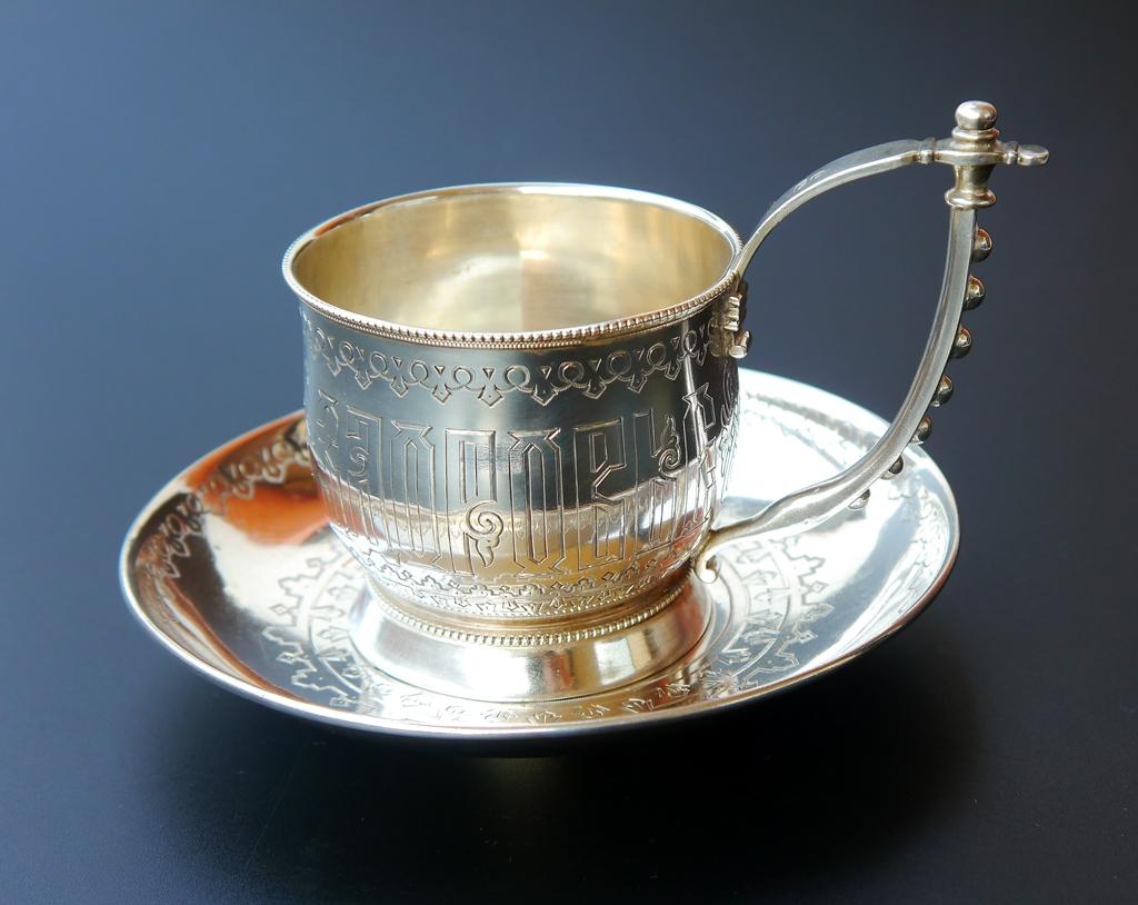 1888 Antique Russian A. Aleksandrov 84 Silver Tea Cup Saucer/ 226gr For Sale 8