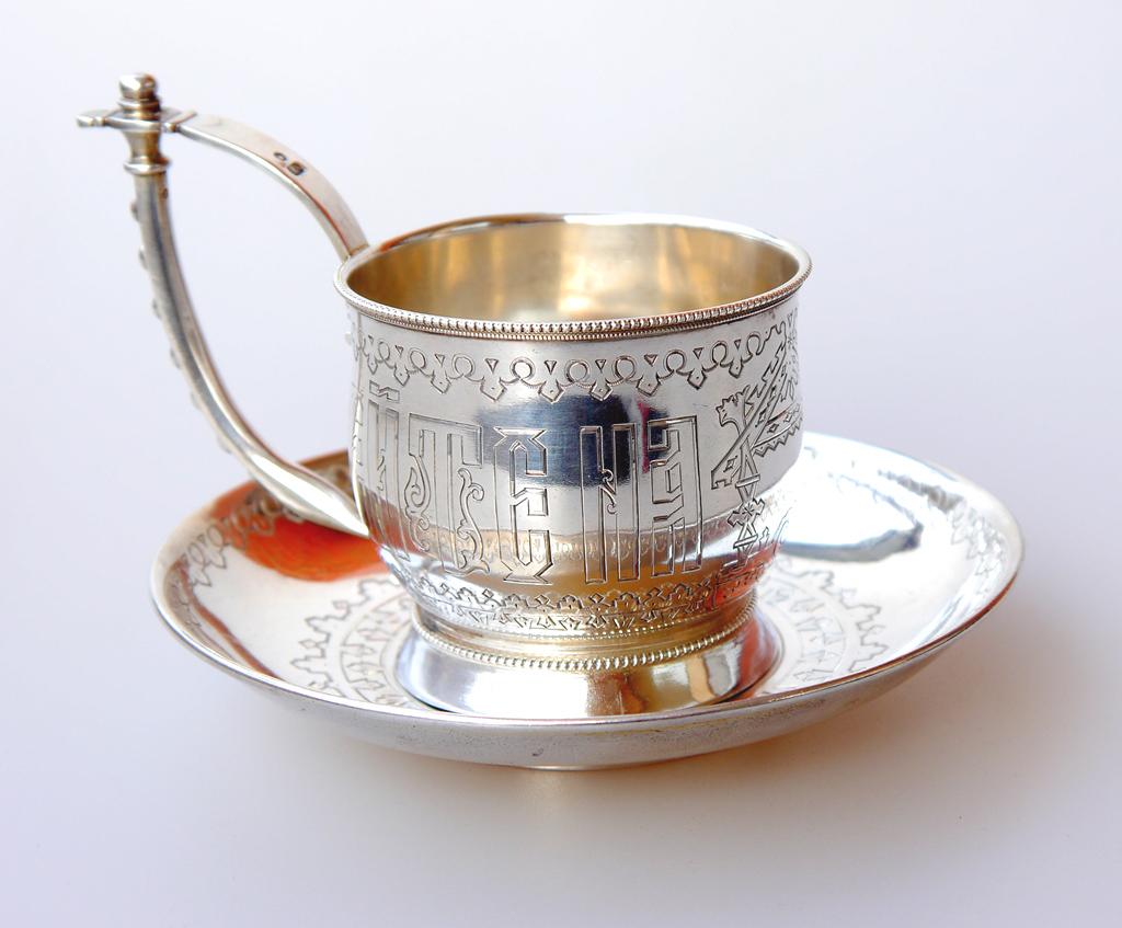 1888 Antique Russian A. Aleksandrov 84 Silver Tea Cup Saucer/ 226gr For Sale 3