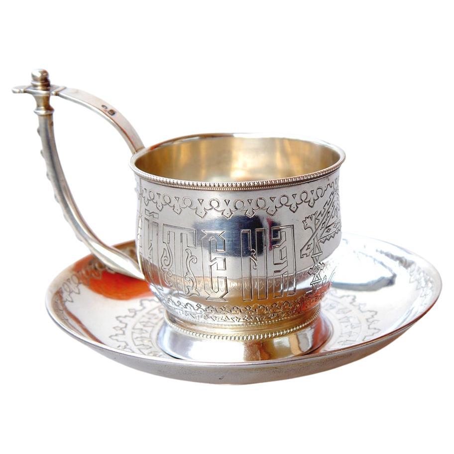 1888 Taza de té de plata antigua rusa A. Aleksandrov 84 Platillo/ 226gr