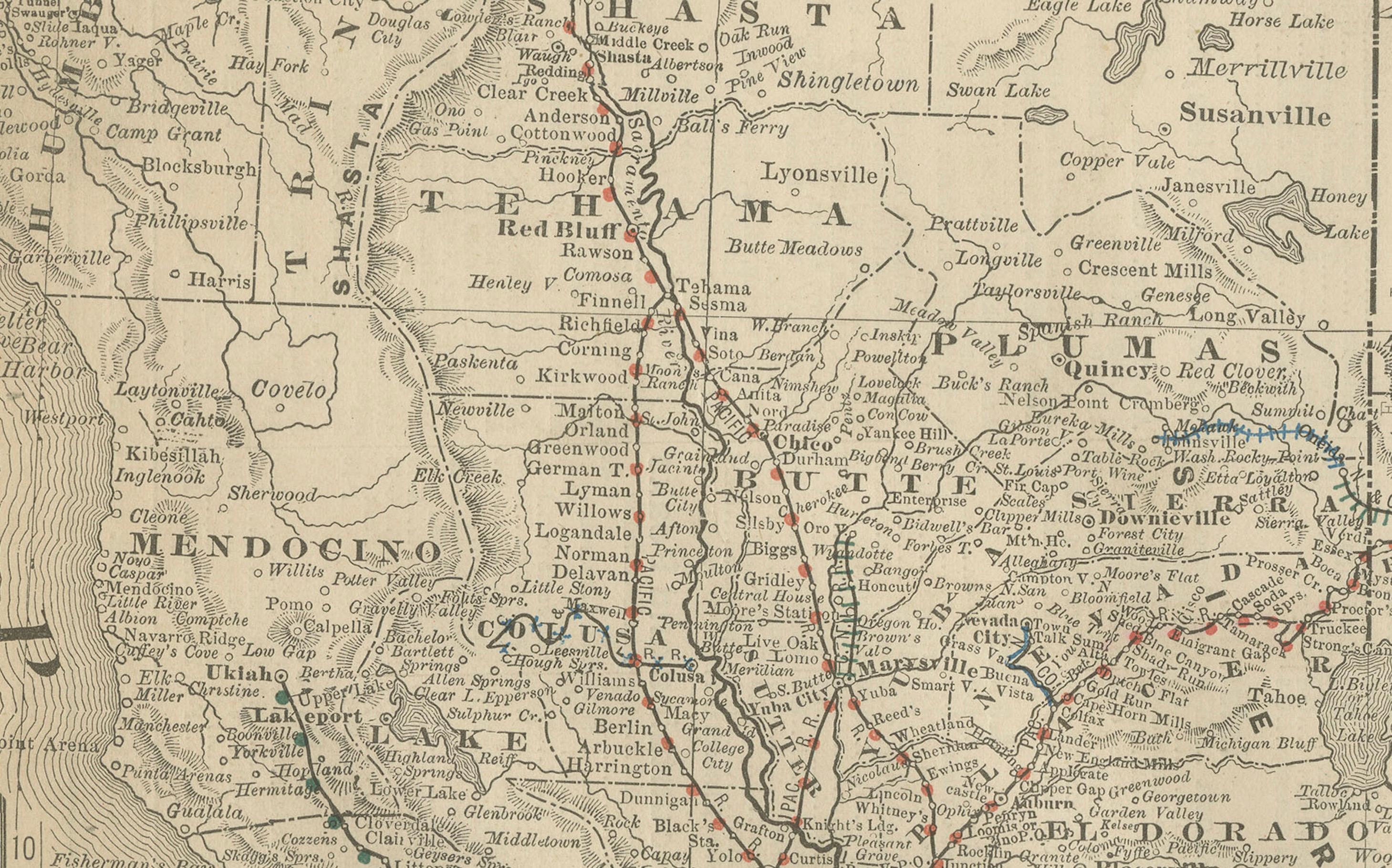 Americano Mappa della California del 1888 - Ferrovie, città e contee del Golden State in vendita