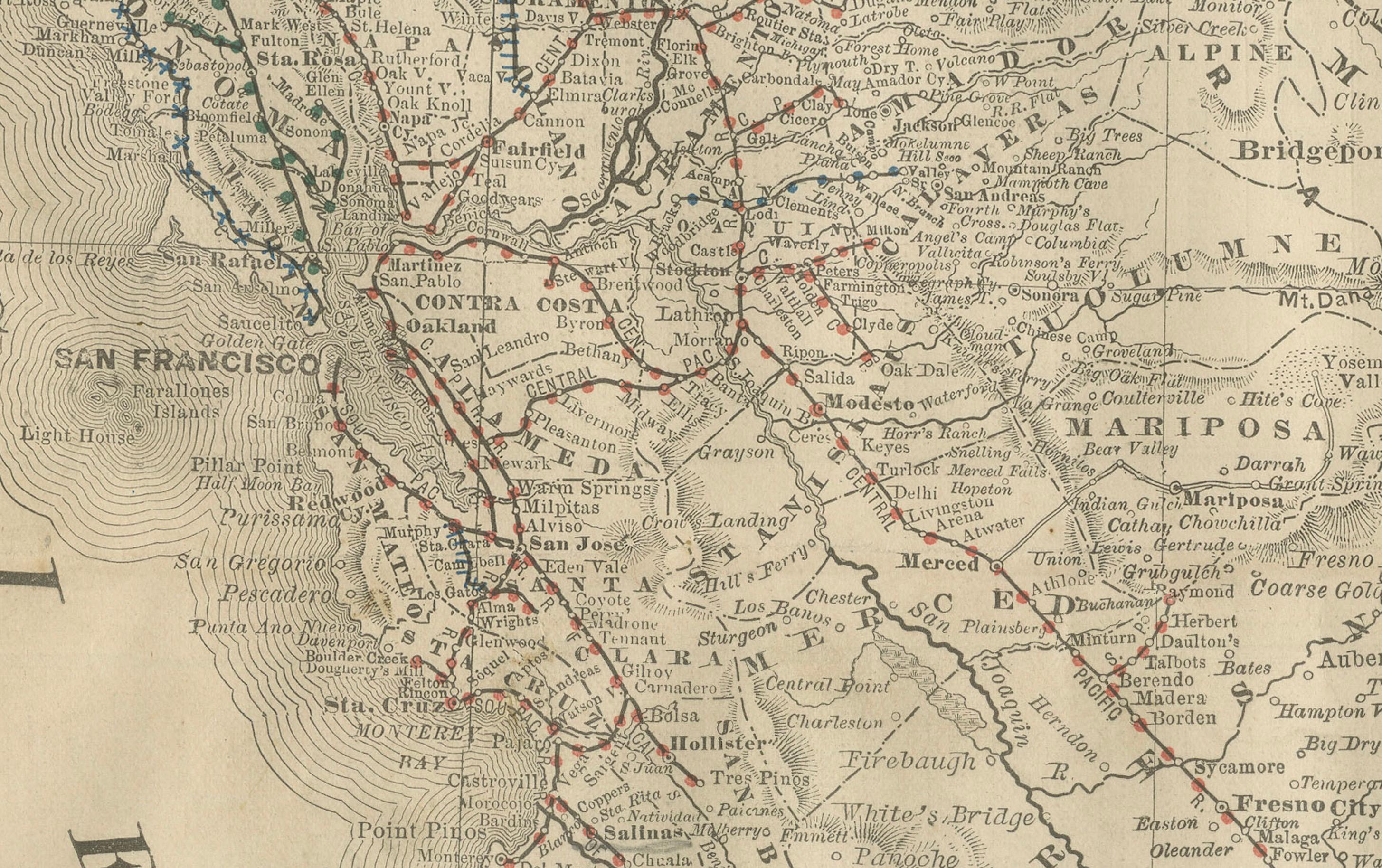 Inciso Mappa della California del 1888 - Ferrovie, città e contee del Golden State in vendita