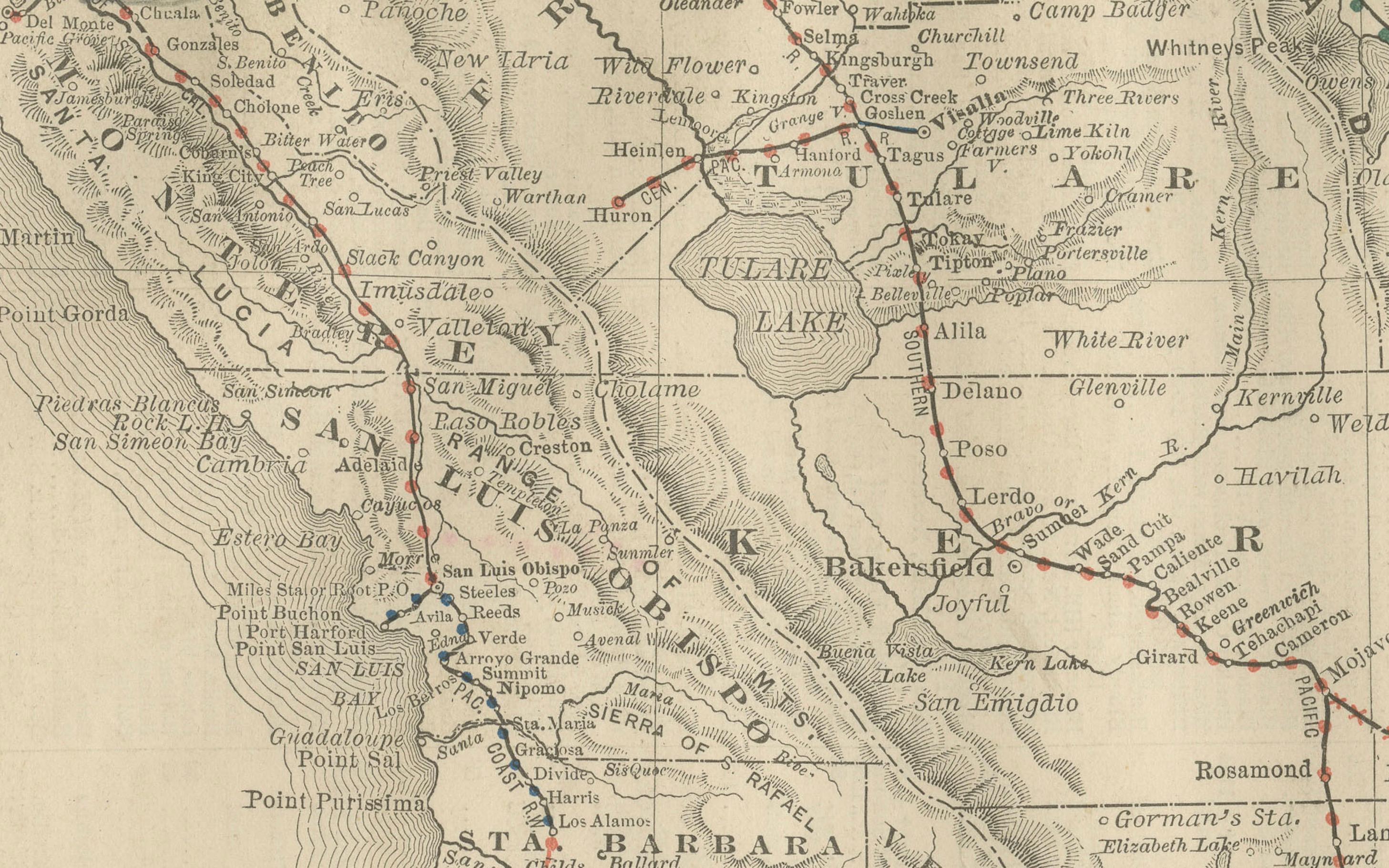 Mappa della California del 1888 - Ferrovie, città e contee del Golden State In condizioni buone in vendita a Langweer, NL