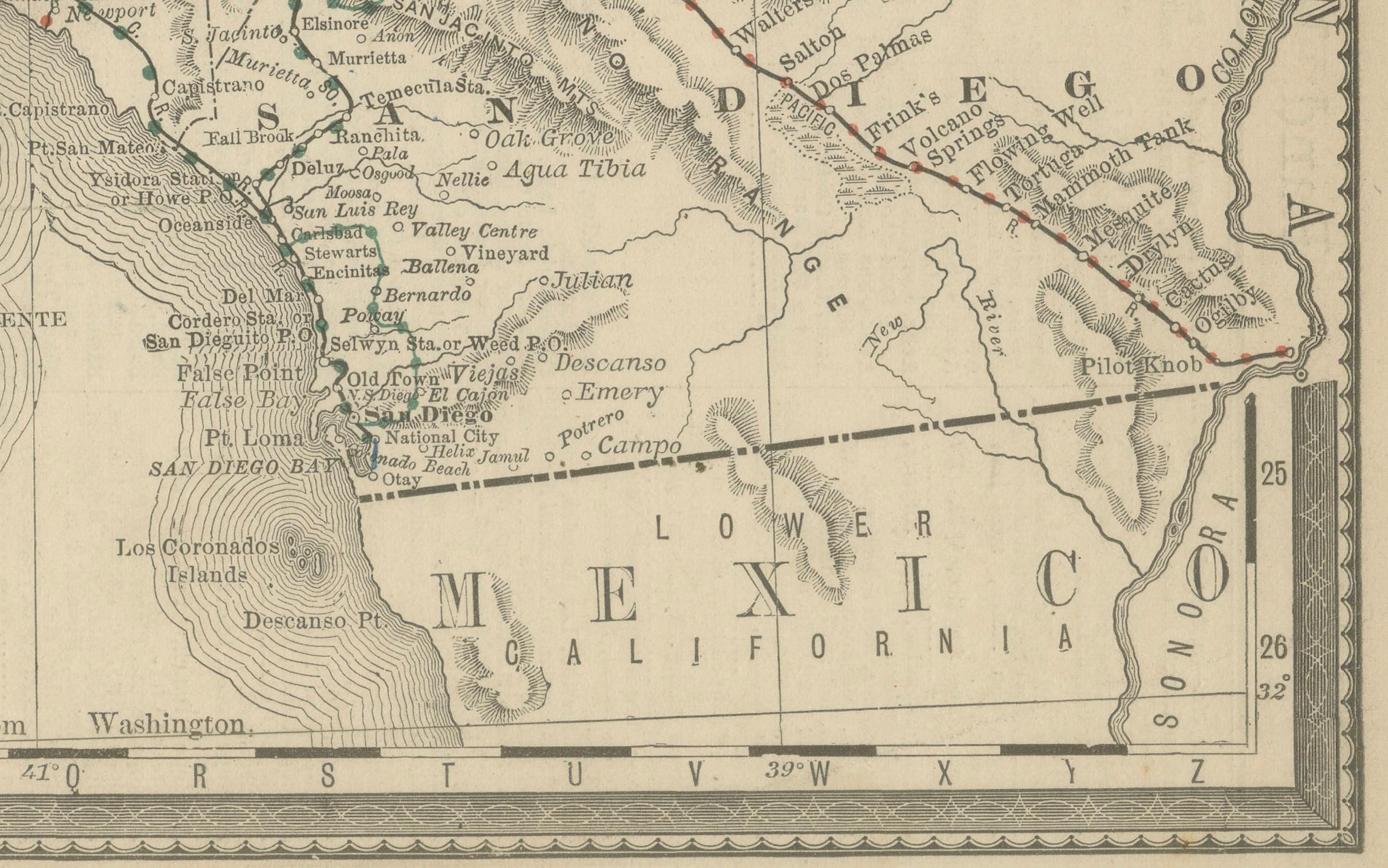 XIX secolo Mappa della California del 1888 - Ferrovie, città e contee del Golden State in vendita